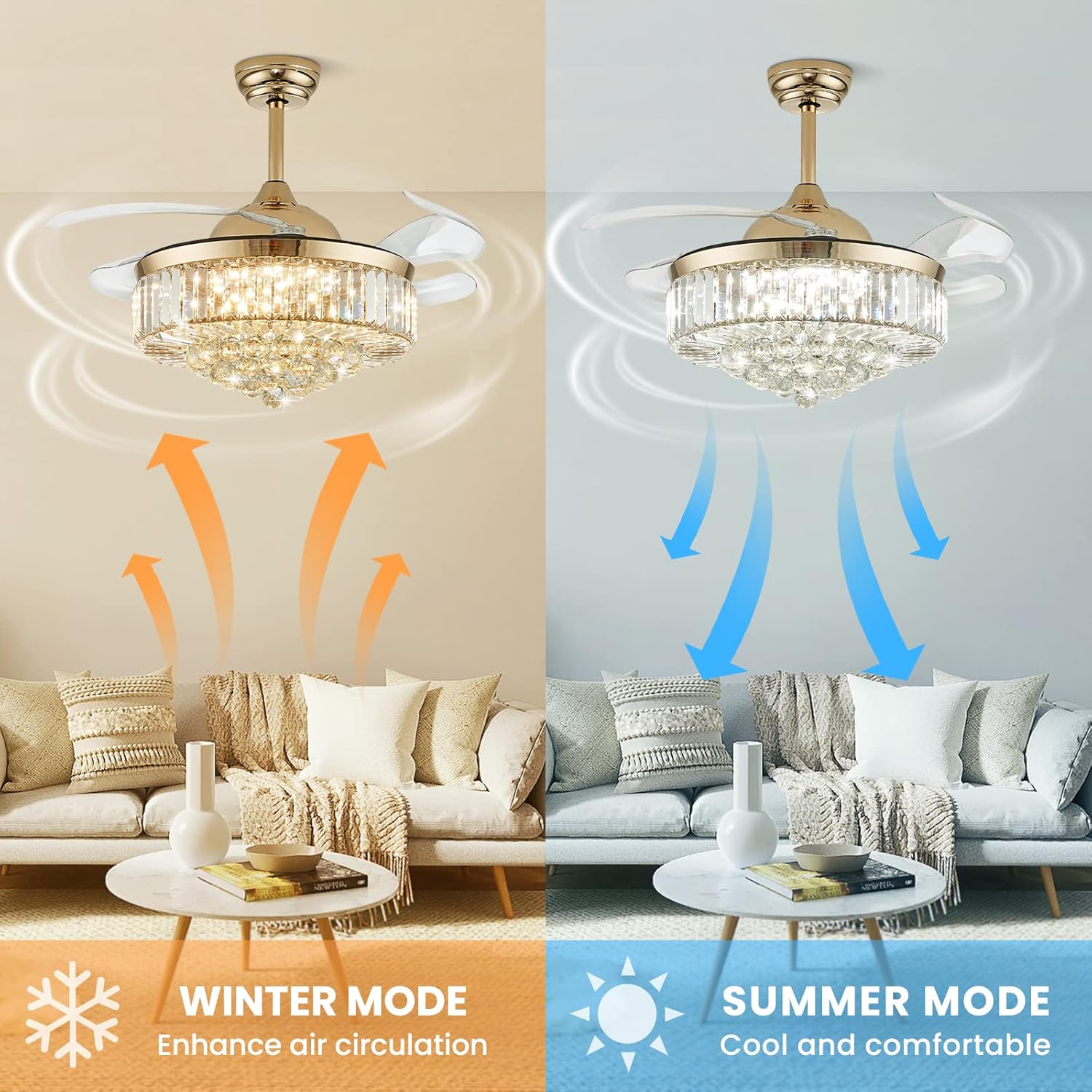 Siljoy 42 Inch Gold Fandelier Ceiling Fan with Light, Crystal Ceiling Fan with Lights and Remote, LED Dimmable Chandelier Fan with Invisible Reversible Fan Blades for Bedroom Living Room Dining Room