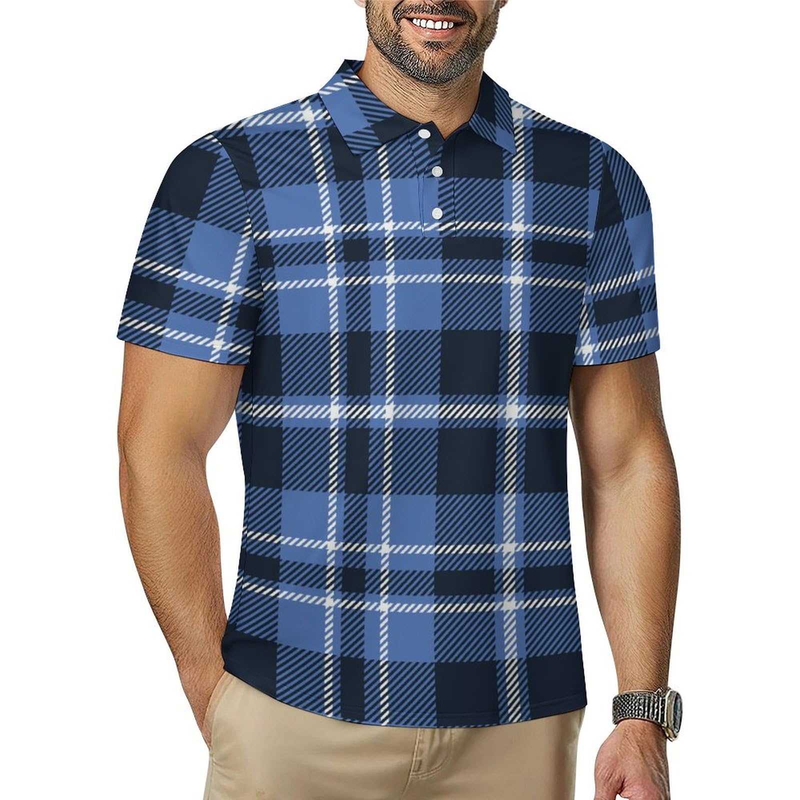 Peiyeety Men's As Pic Navy Blue White Checkered Poloshirts Casual Short Sleeve Button Down Shirts Golf Classic Collared
