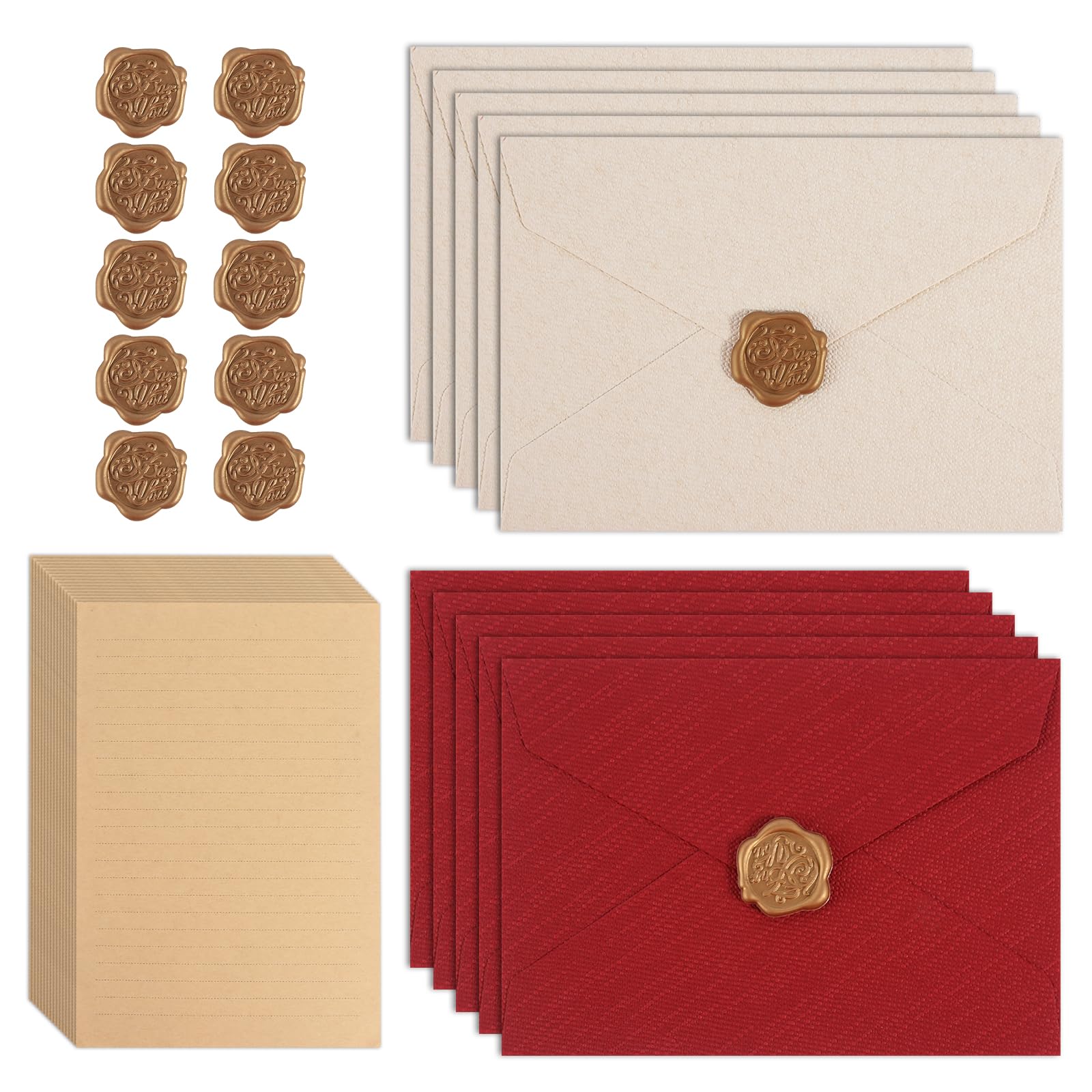 Papier listowy z kopertą, zestaw 35 sztuk, 10 kopert i 10 pieczęci woskowych, samoprzylepne, 15 papieru listowego w formacie A5, w stylu vintage, list miłosny, na urodziny, wesele, zaproszenie, kartki
