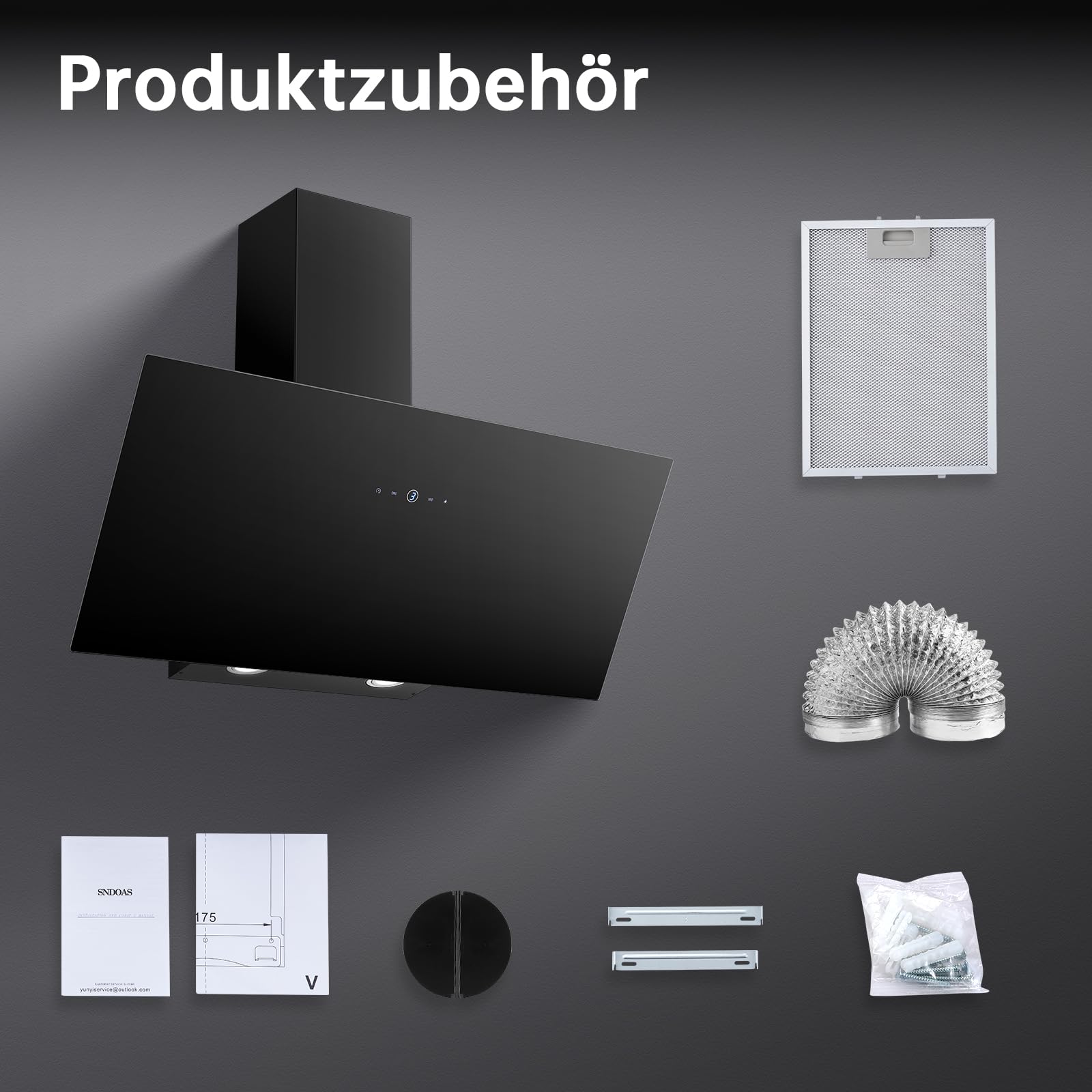 SNDOAS Okap kuchenny 90 cm, siła ssąca 600 m³/h, klasa efektywności energetycznej A++, 3 stopnie + ekran dotykowy Booster, filtr z węglem aktywnym do pracy z powietrzem wylotowym/obiegowym