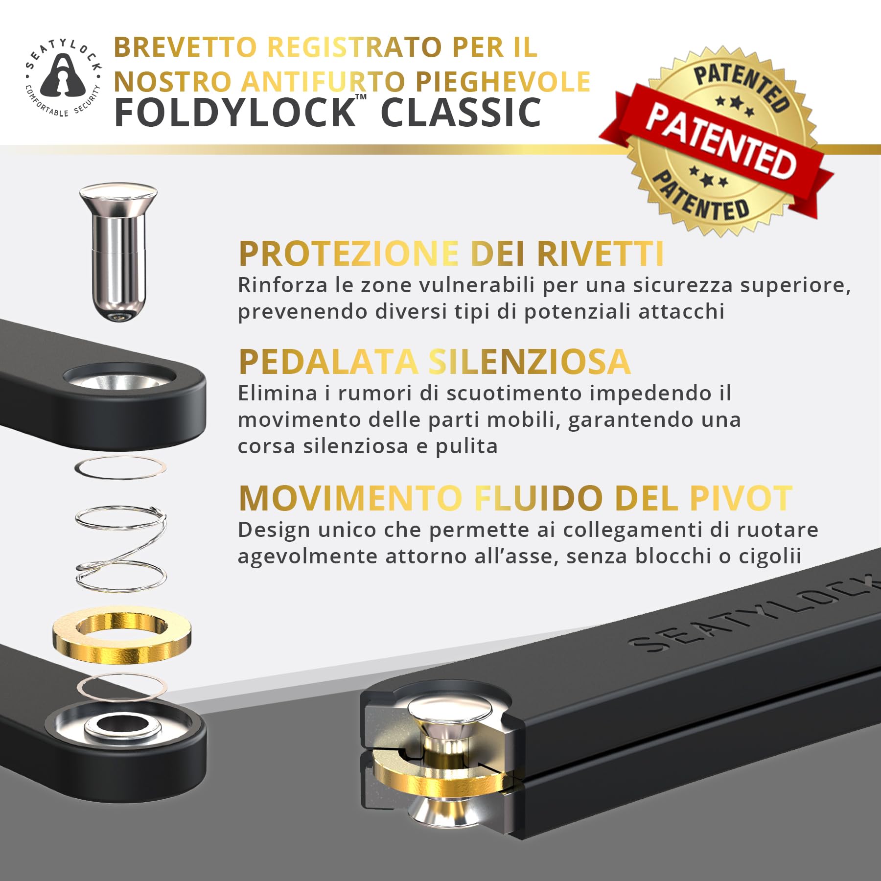 Seatylock FoldyLock Classic - Lucchetto pieghevole per bicicletta, brevettato, elegante, ad alta sicurezza, resistente, antifurto, con chiavi per e-bike e bici da città, 100 cm