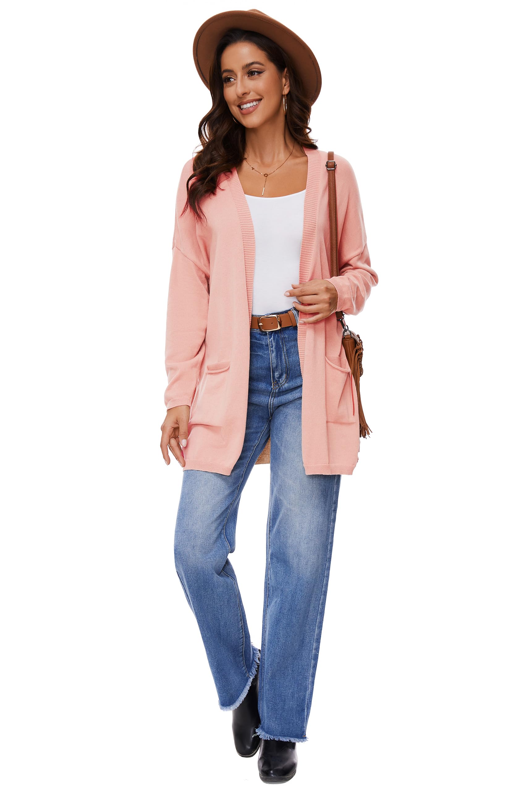 Cardigan Aperto in Cotone 100% per Donna con Tasche, Maniche Lunghe, Morbido, Oversize, Maglione Casual da Donna, Rosa Chiaro, XXL