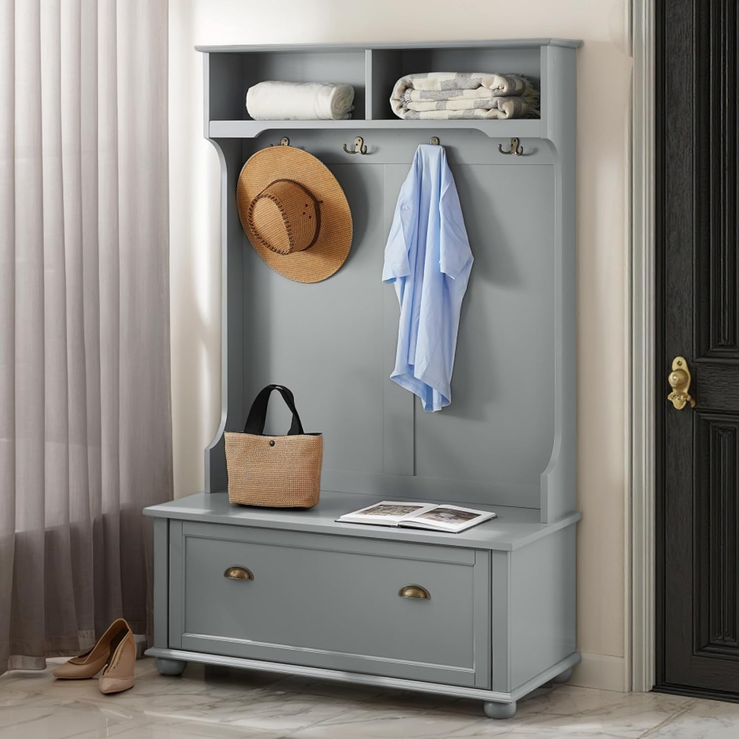 Coastal Hall Tree with Large Storage, 40" L Classic Entryway Bench with Solid Wood Feet, Extra Wide, Easy Assembly, Farmhouse Shoe Cabinet with 4 Hooks for Hallway