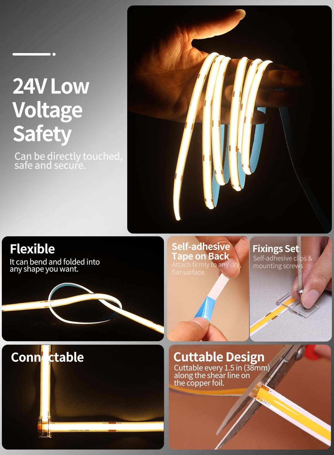 COB LED Tape Lights, 3000K Warm White, 16.4ft, Adapter Not Inc.
