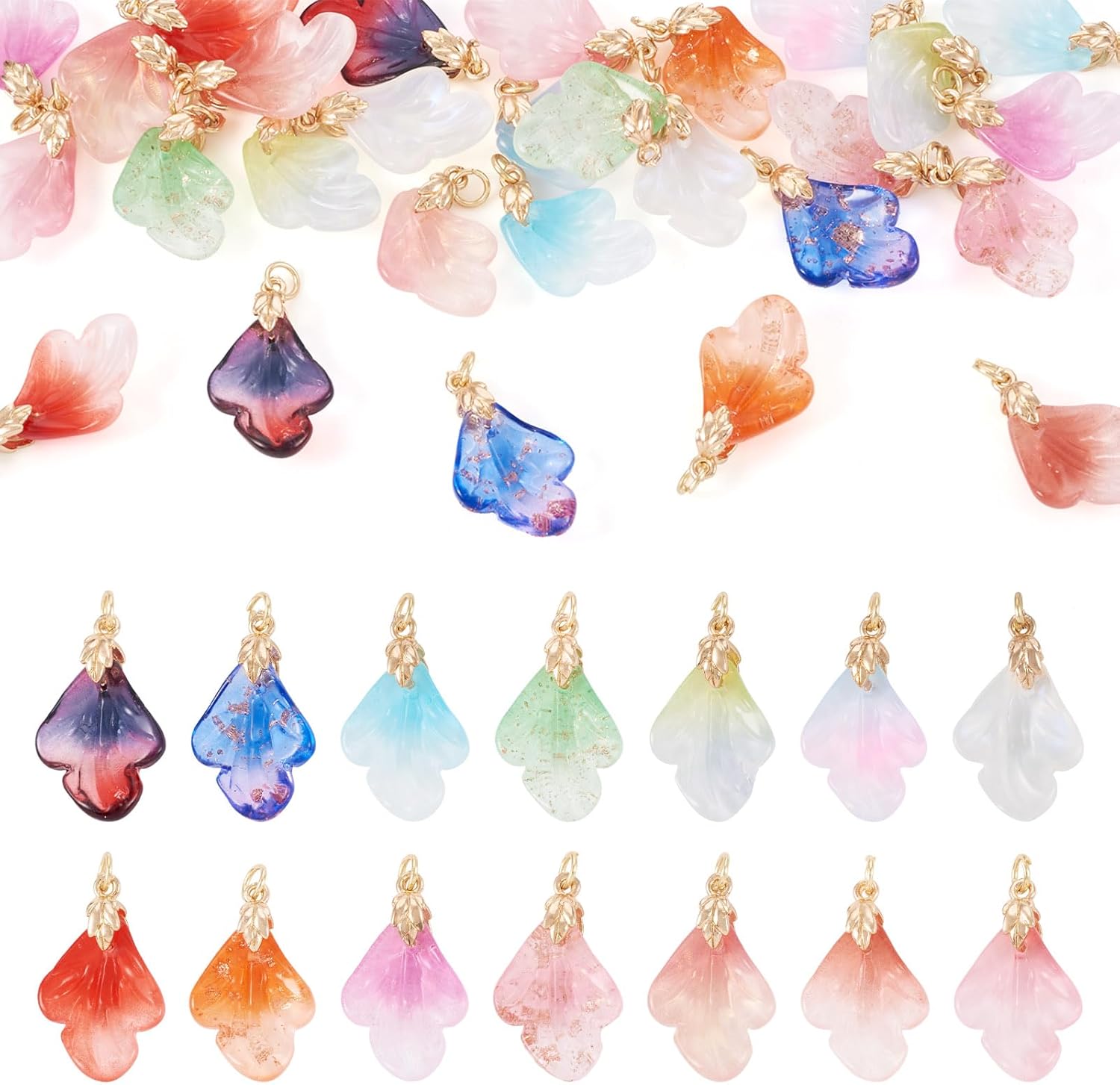 Beadthoven 28pcs Leaf Glass Pendants 14 Colors Lampwork Glass Crystal Charms Colorful Leaves Charms Dangle Drop Beads with Golden Clasps Findings for Jewelry Making Necklace Earrings DIY Crafts