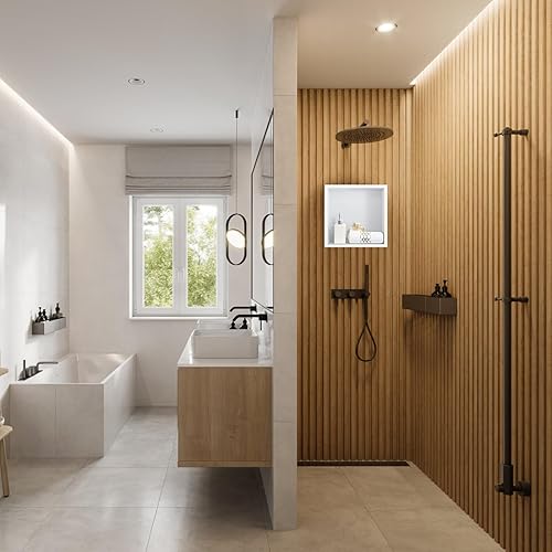 Miniatura 3 de Shower Niche - Organizador de estante individual de 12 x 12 pulgadas, color blanco mate, no necesita azulejos, acero inoxidable 304 moderno en nicho