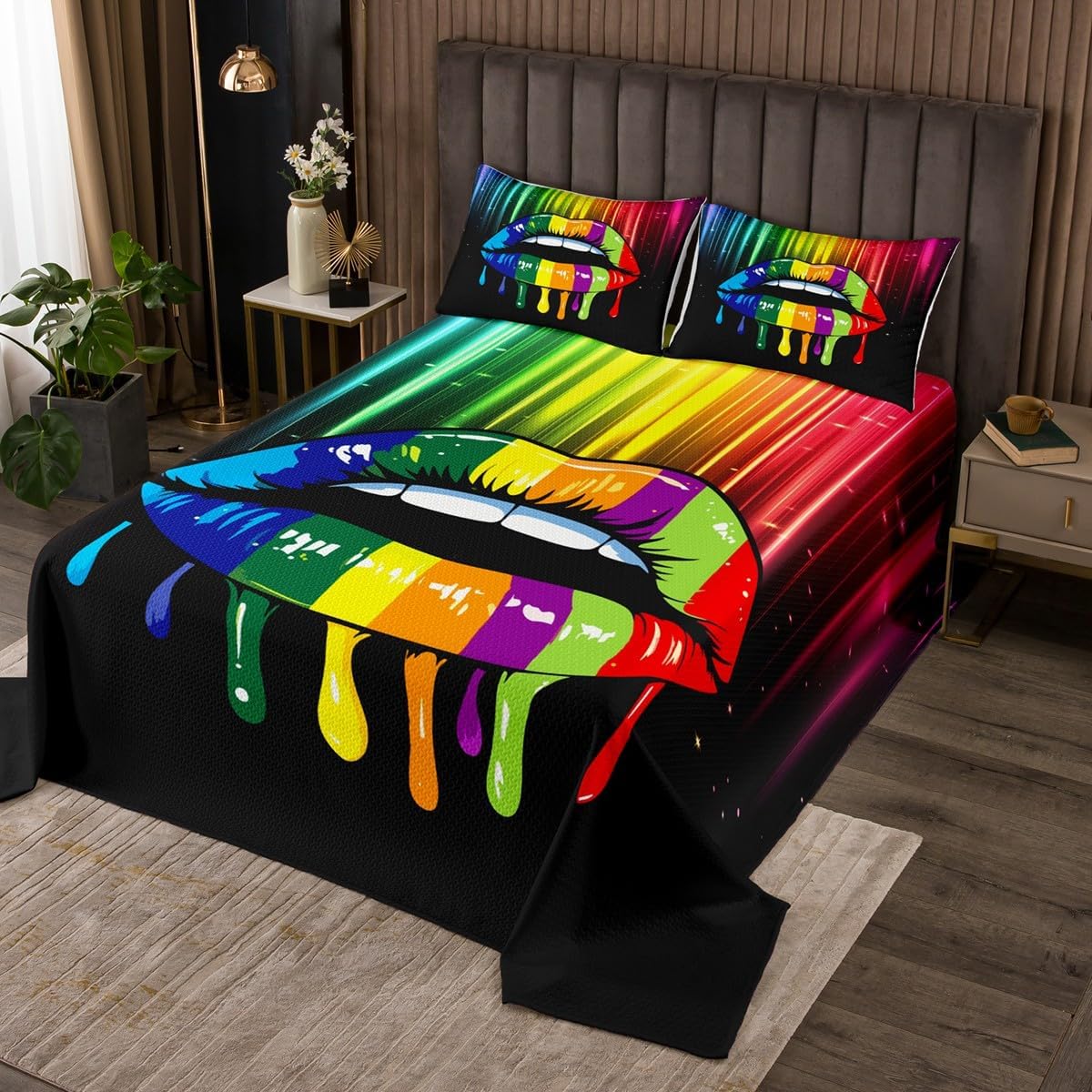 Rainbow Kids Bedspread King Size,Pride for Love Romantic Coverlet Set,Girls Boys Adults Room Decor,Loving Heart Peace Gradient Quilted Coverlet,Watercolor Graffiti Bedding Quilt,2 Pillowcases
