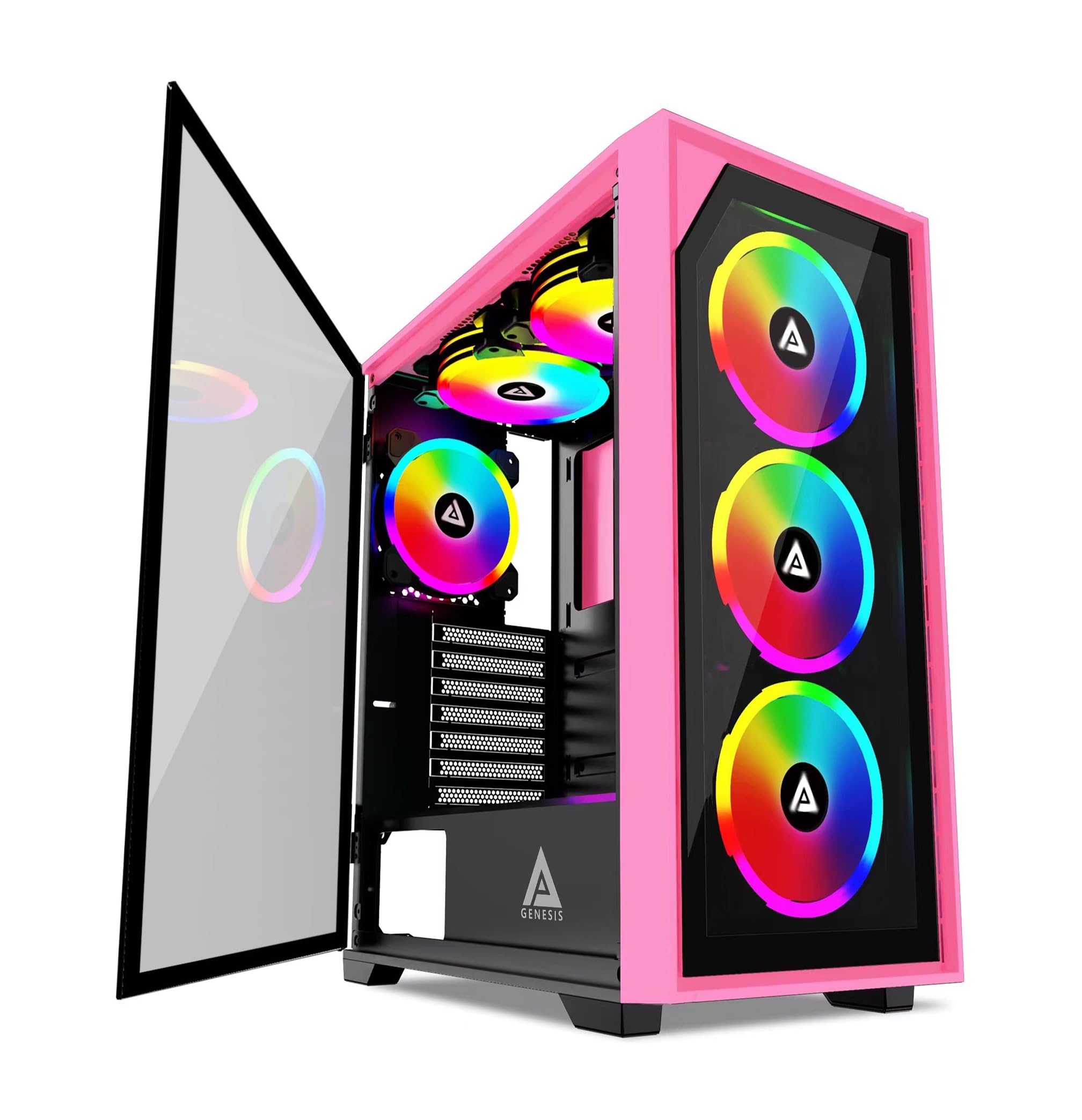 Apevia G-PRO-PK Genesis Pro Mid Tower Gaming Case with 2 x Tempered Glass Panel, Top USB3.0/USB2.0/Audio Ports, 6 x RGB Fans, Pink Frame