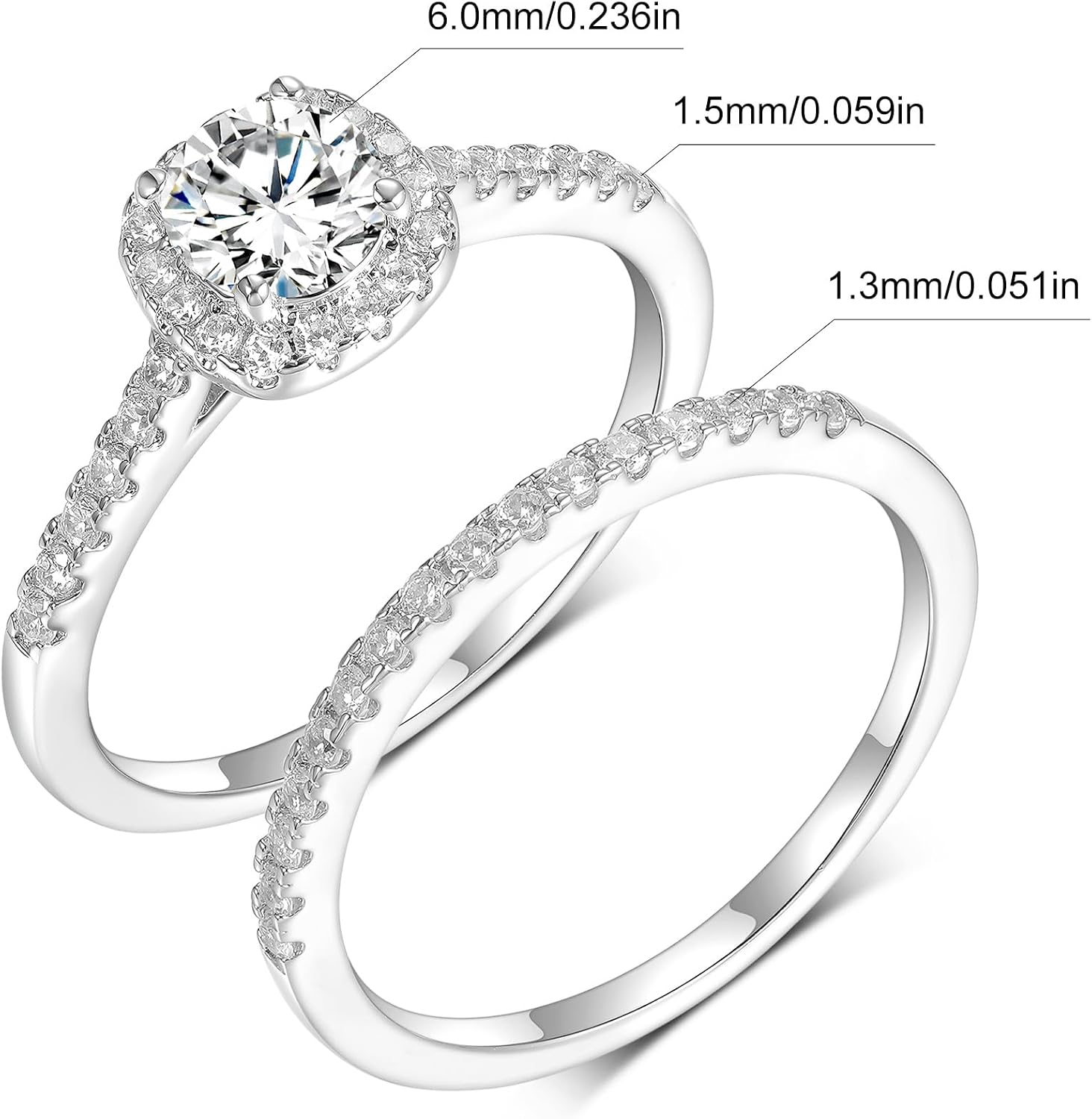 MDFUN White Gold Halo Engagement Ring for Women Promise Ring Wedding Bands Set Plated Rectangle Cubic Zirconia Eternity Band Size 5-10