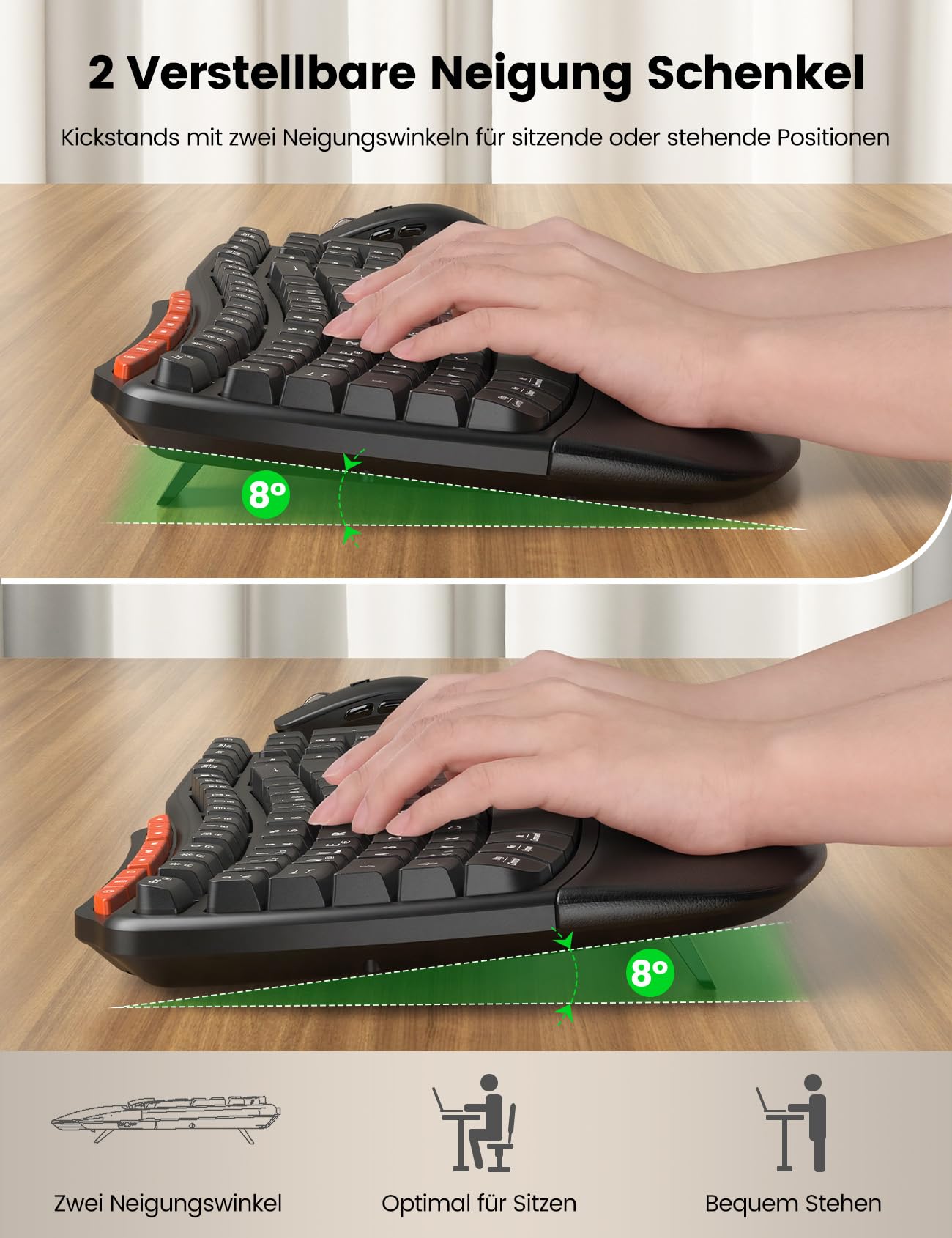 Tastatur Maus Set Kabellos, 2,4GHz Wave Tasten in Voller Größe, Ergonomische Tastatur mit Gepolsterte Handballenauflage und 4 Neigungswinkel, 3 DPI Maus für Windows/Mac OS/Desktop/Laptop/PC - MA31