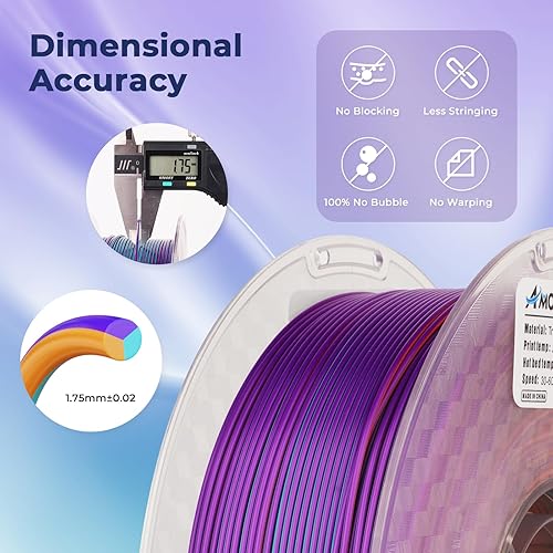 Miniatura 4 de AMOLEN Filamento de ácido poliláctico para impresora 3D de seda, tricolor morado, azul verdenaranja quemado de 0.069 pulgadas, filamento de cambio
