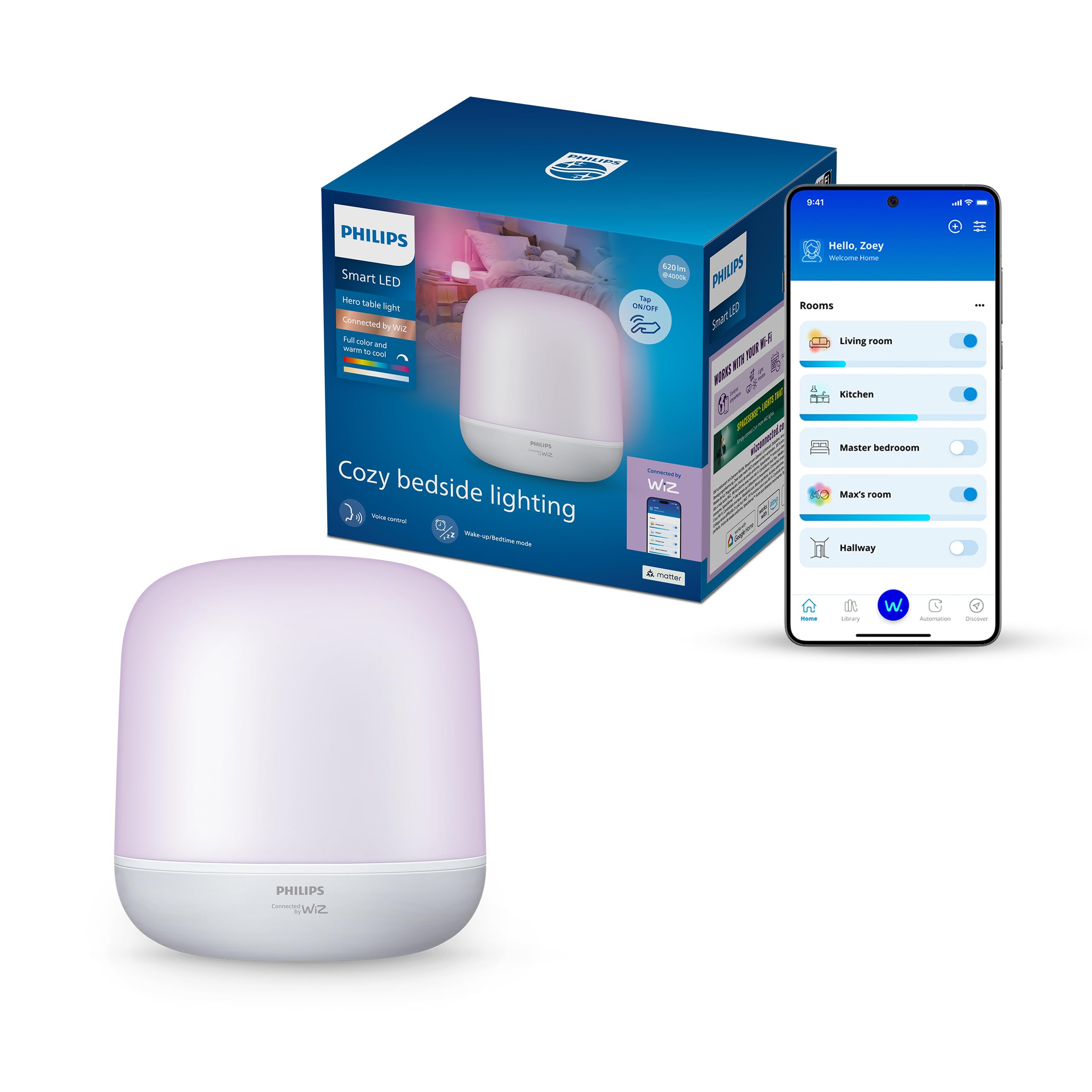 Philips Smart Lighting Lámpara de Sobremesa Hero, Todo Color, Luz Regulable Blanca Cálida a Fría, Control Táctil, Connected by WiZ, Sincronización de Música, Alexa, Google Home, Apple Home