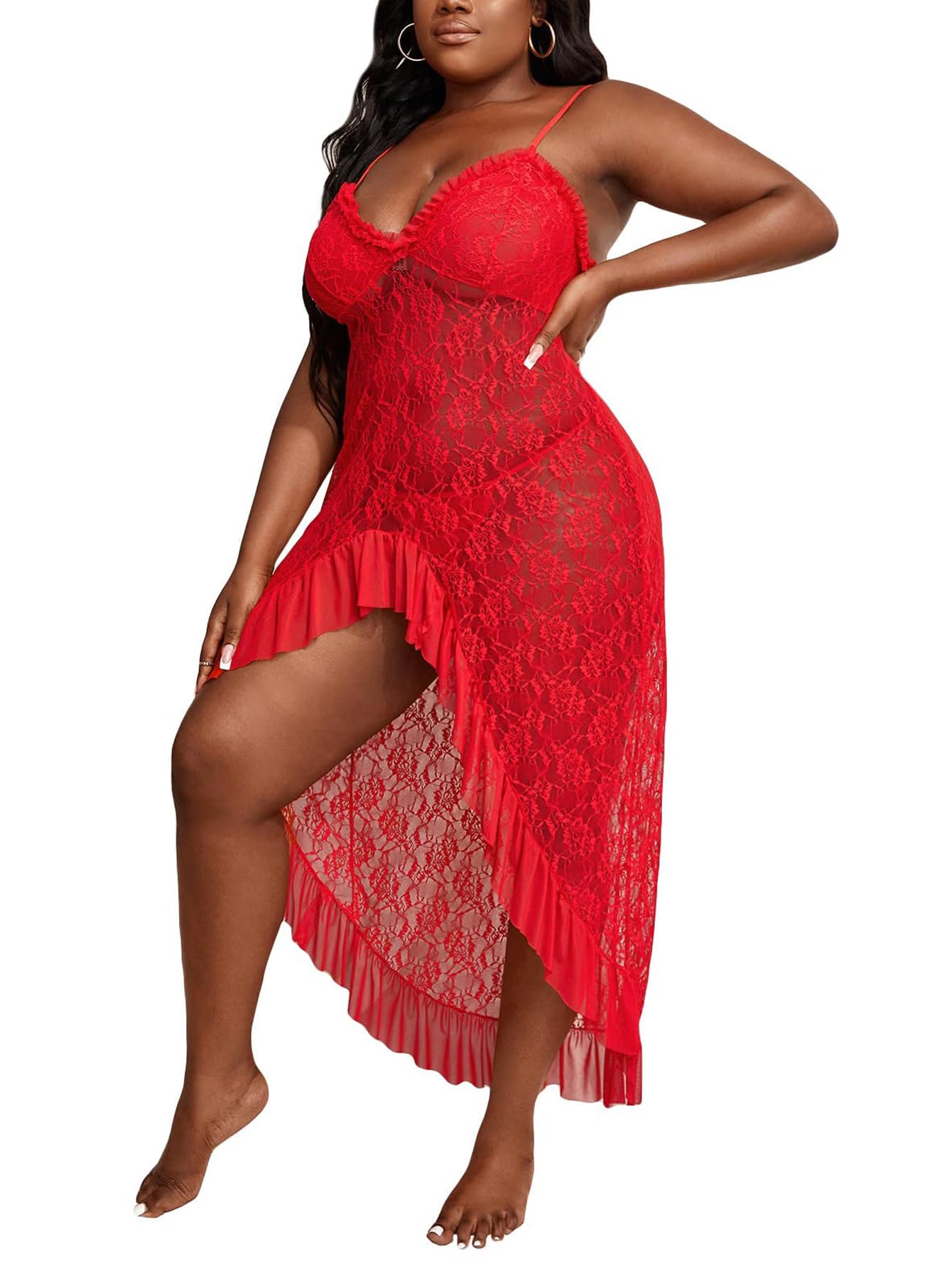 xivir Women's Plus Size Sexy Lace Sleeveless Split Long Mesh Lingerie Dress with Thong-picture-51
