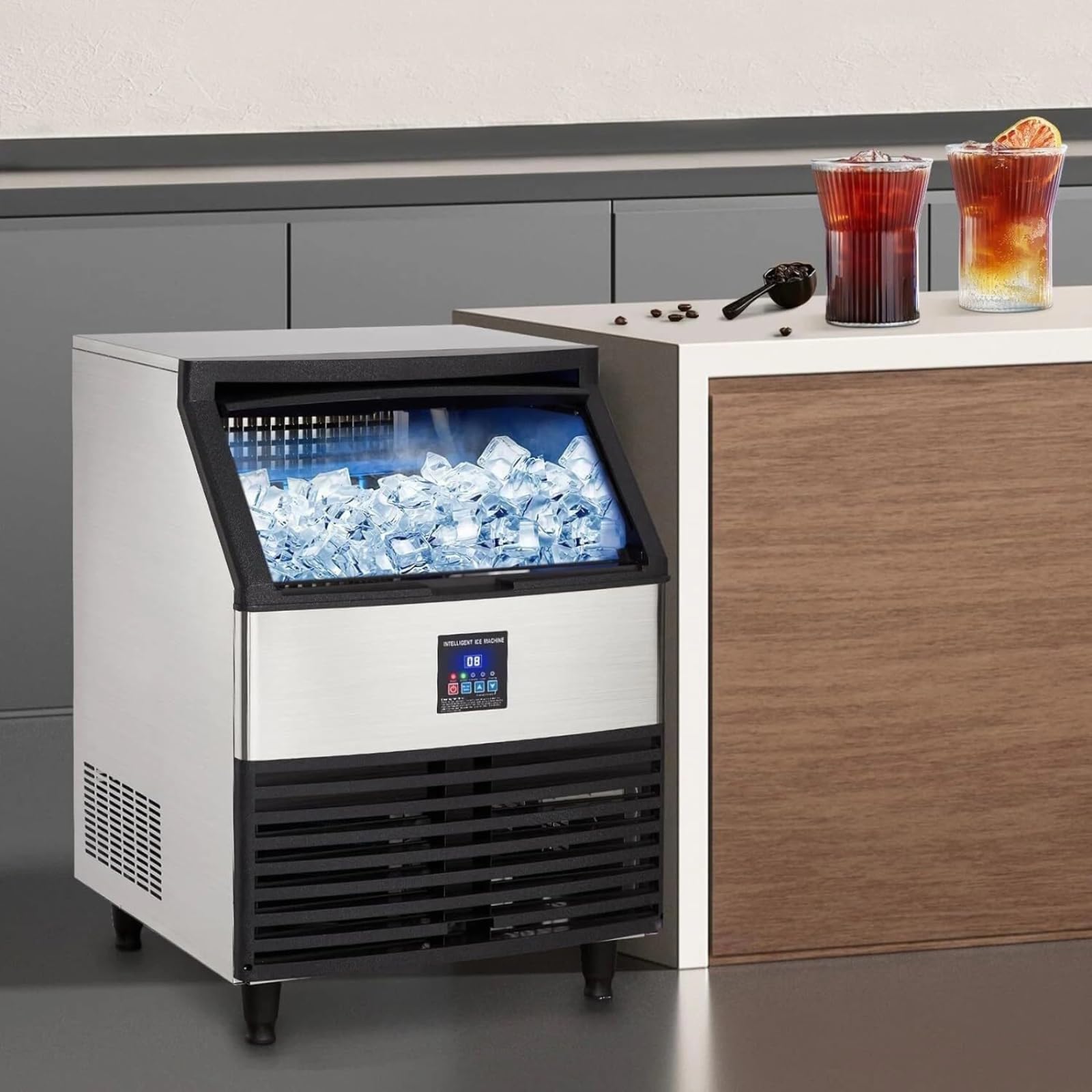 Macchina per il ghiaccio commerciale, Macchina per il ghiaccio in acciaio inox temprata, 500w 120kg/24h Ghiaccio Macchina Professionale In 8-15 Minuti Schrata Lcd Storage 56kg Per Casa Ufficio