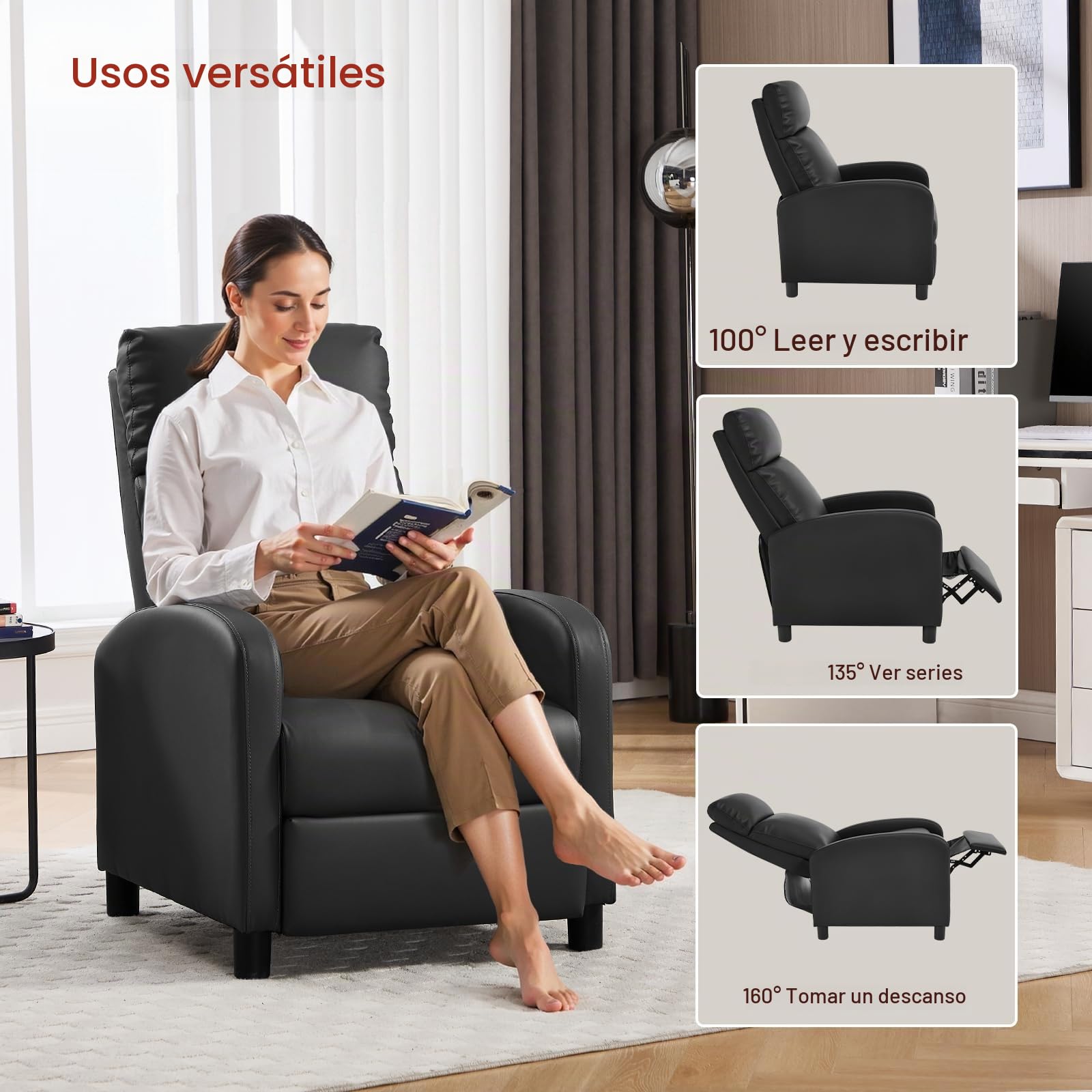 WOLTU Sillón Reclinable, Respaldo Reposapiés Elevable, PU, Negro | Sillon Relax Inclinable, Butaca Reclinable, Asiento Acolchado, Sofá Individual de Lectura, Salón y Dormitorio