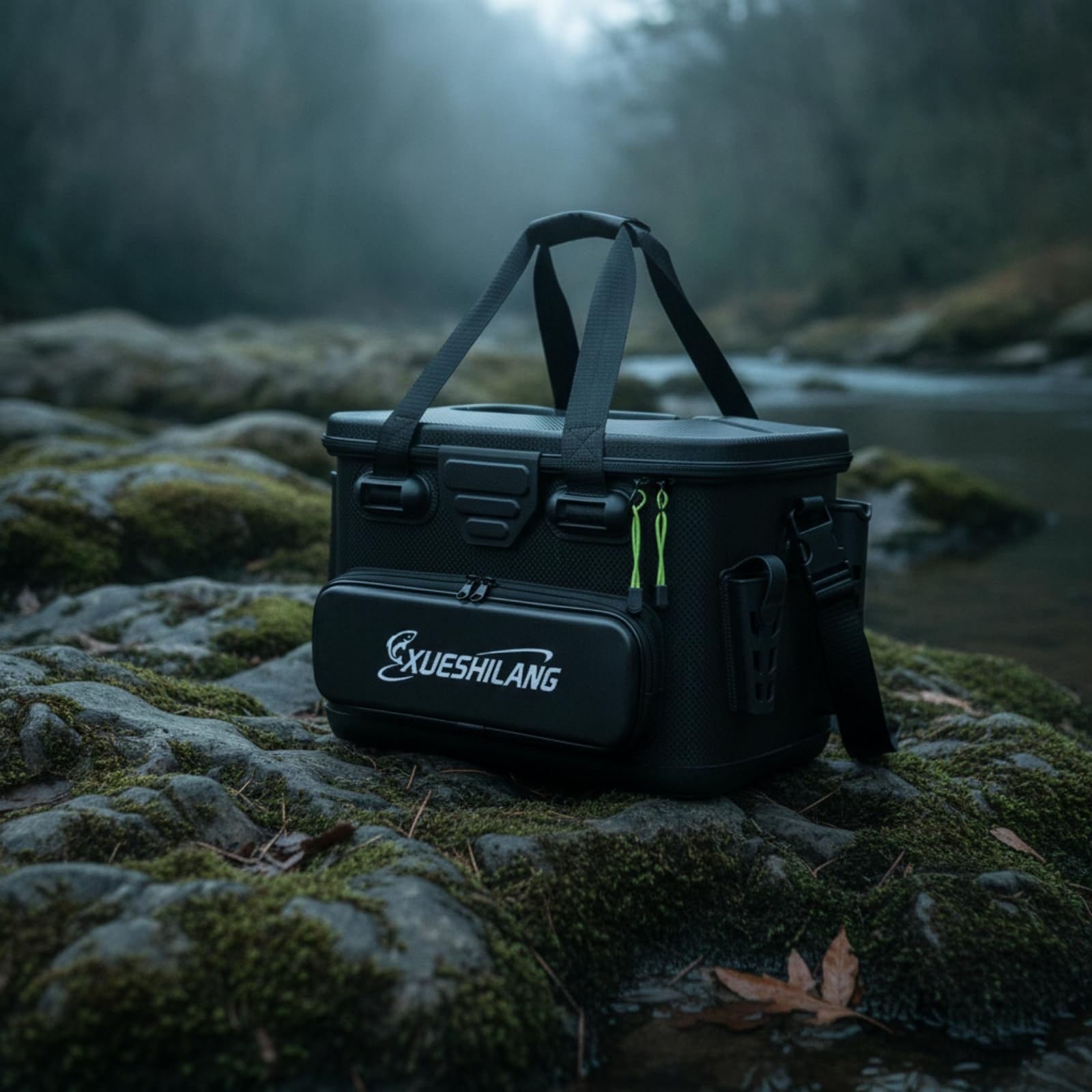 perfk Contenitore da Pesca Cassetta per Esche Organizzatore Rigido Borsa Porta Canne Portaoggetti con Scomparti E Tracolla per Mobilità Adatto per Pescatori, Nero, Medio