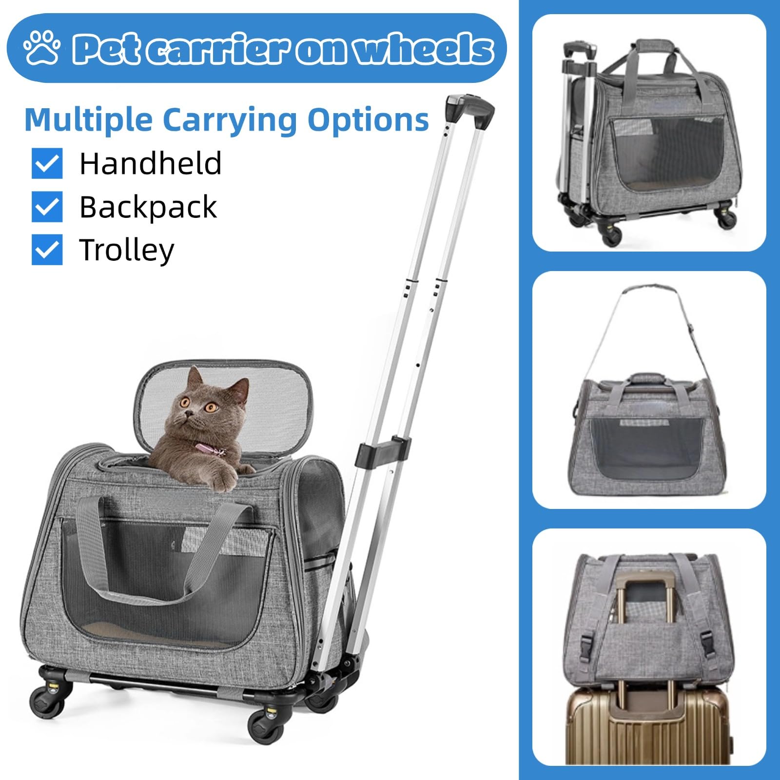 Trasportino per Gatti Cani con Ruote Trasportino per Cani Domestici su Ruote Trasportino da Viaggio per Animali Domestici 2 in 1 Trolley per Gatti con manico e tracolla