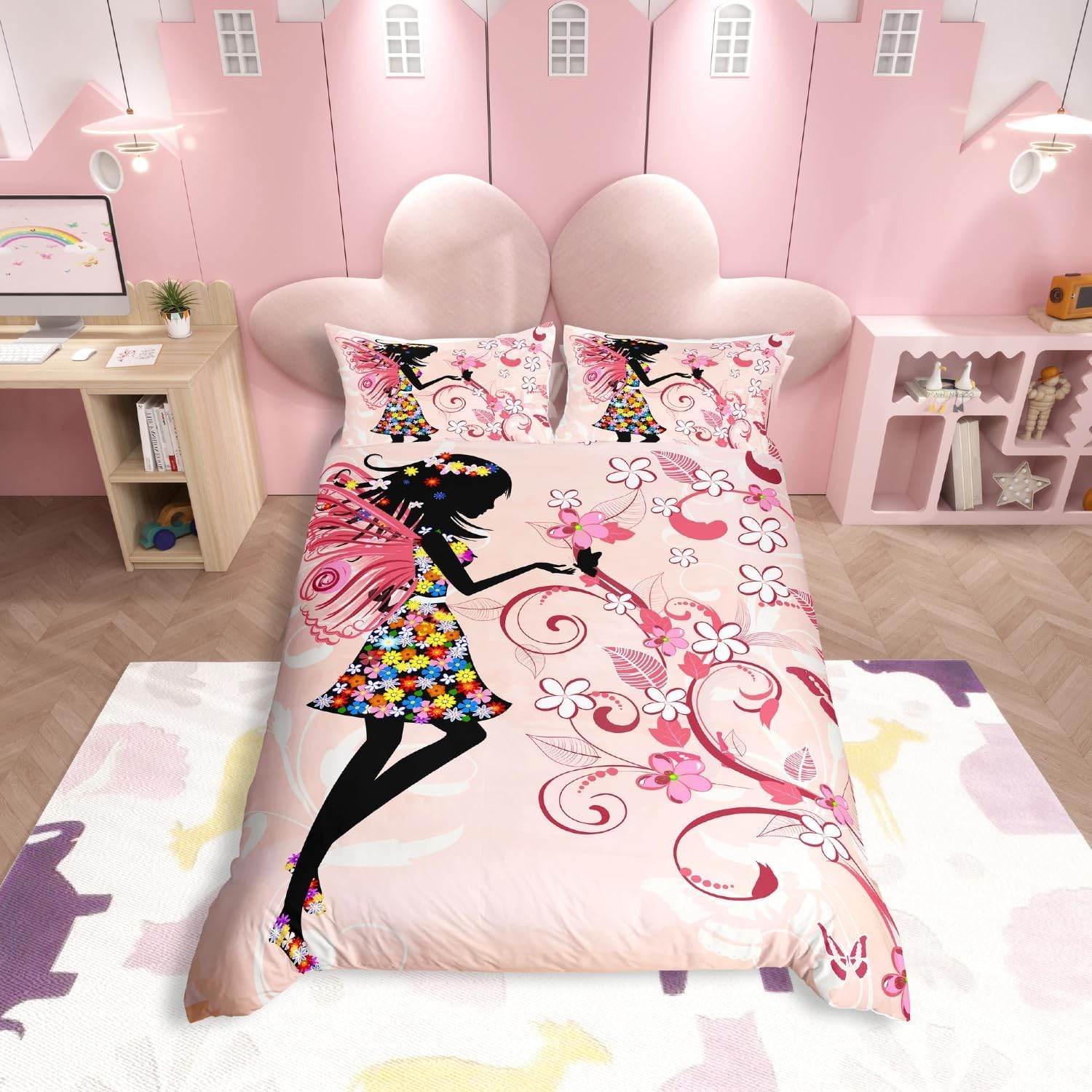 Girls Butterfly Fairy Bedding Set for Kids Children Daughter Chic Cute Floral Bedding Decorative Luxury Pink Floral Duvet Cover Botanical Branches Bedspread Cover King Size Bedclothes