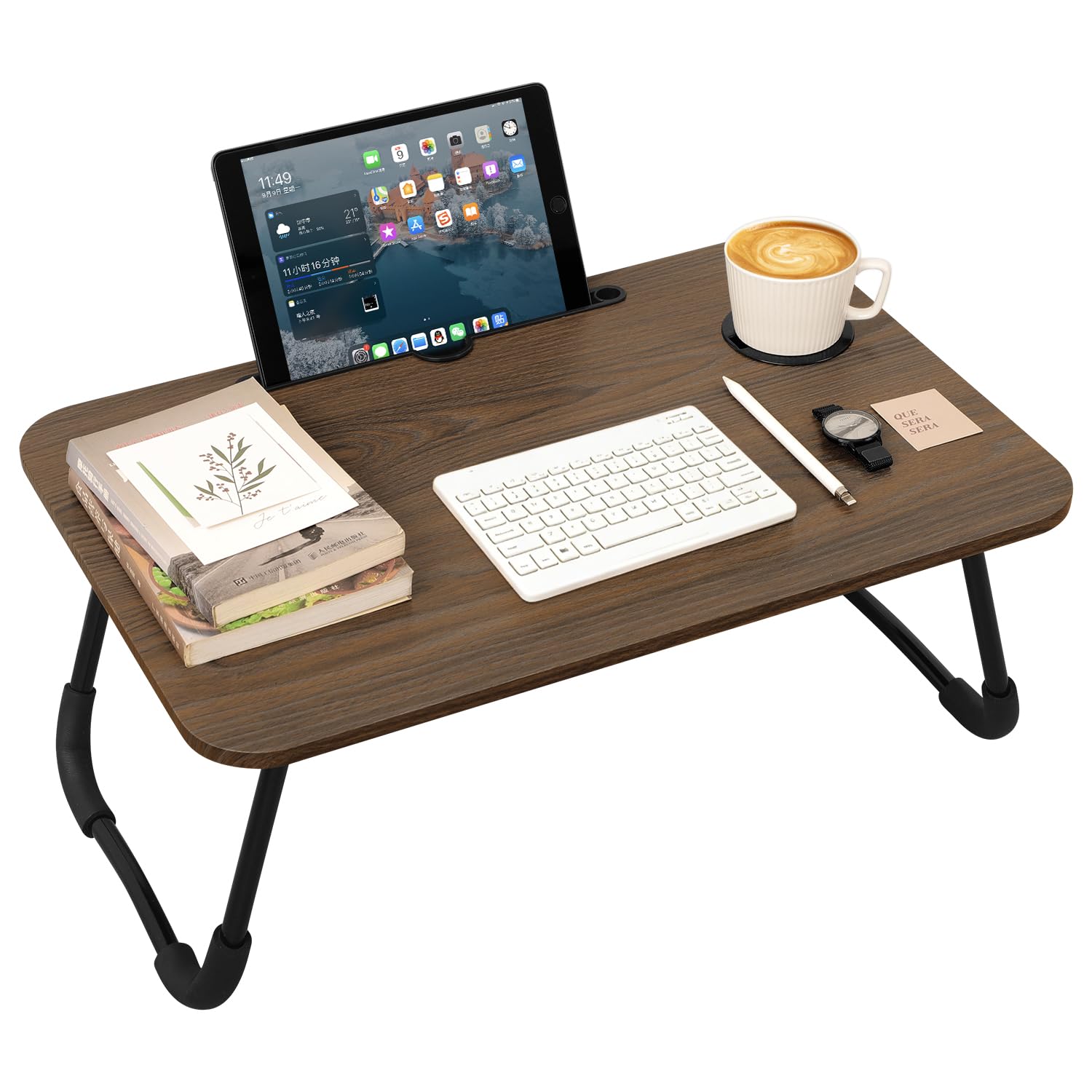 Escritorio plegable de madera portátil con soporte para tazas y ranura para tableta, escritorio plegable para laptop, sofá, escritorio de suelo para leer, escribir, comer, ver películas, marrón