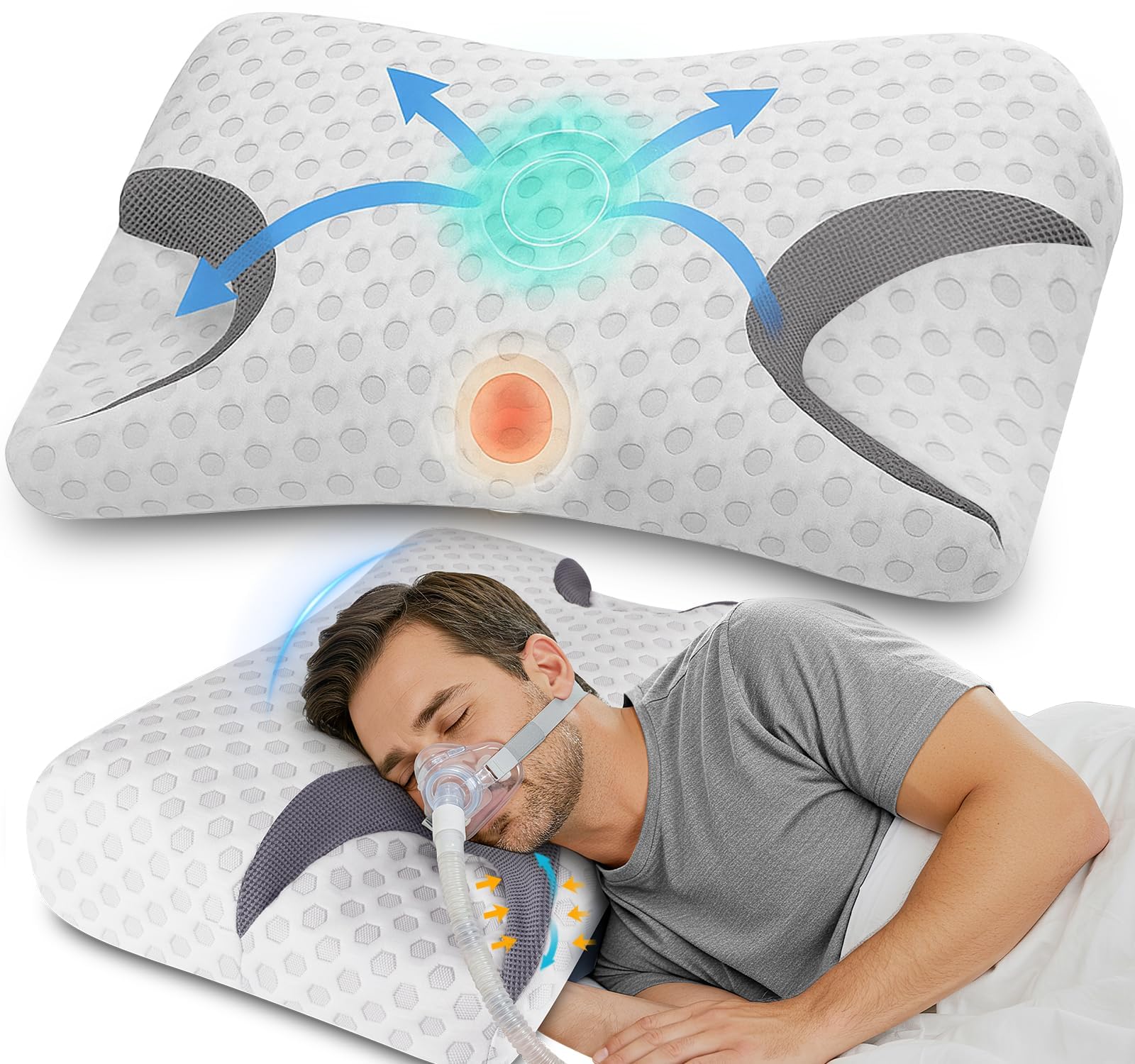 Cuscino CPAP per chi dorme sul fianco riduce le prese d'aria e la pressione della maschera. Cuscino in memory foam adatto per apnea notturna e utenti di maschere CPAP – Cuscino cervicale per