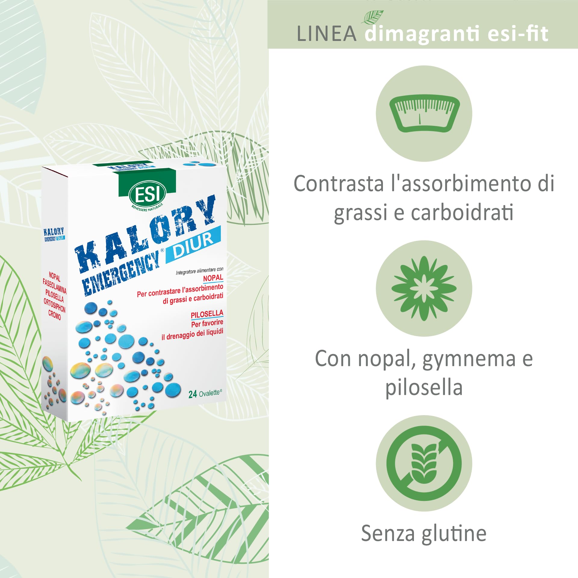 ESI - Kalory Emergency Diur, Integratore Alimentare Con Nopal E Pilosella, Favorisce Il Drenaggio Dei Liquidi E Contrasta L'Assorbimento Di Grassi E Carboidrati, Senza Glutine, 24 Ovalette