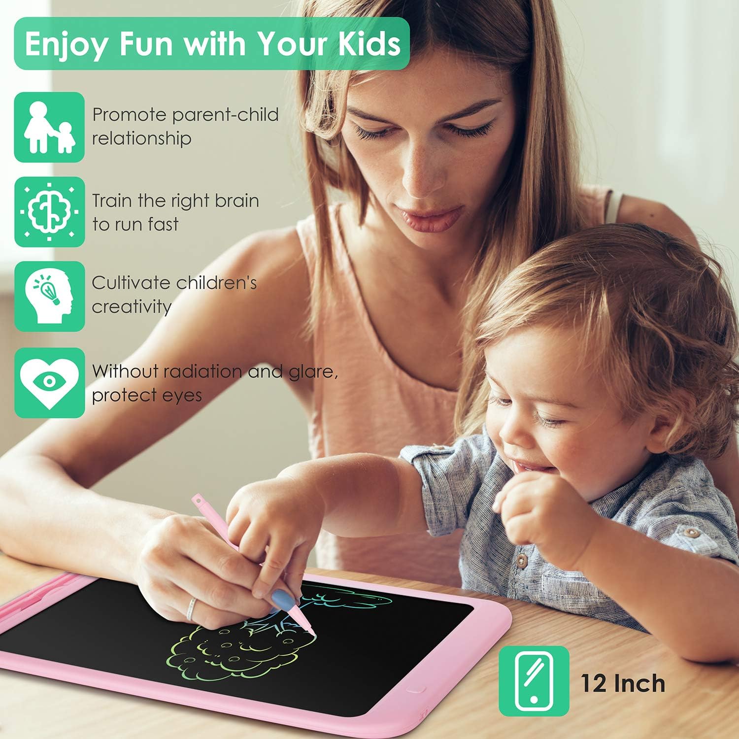 LCD Writing Tablet for Kids, 12" Colorful Doodle Board Drawing Pad Reusable Erasable E-writer With Full Erase Mode, Lock Screen Function, Smart Stylus, Gift for Kids Adults Home School Office (Pink)