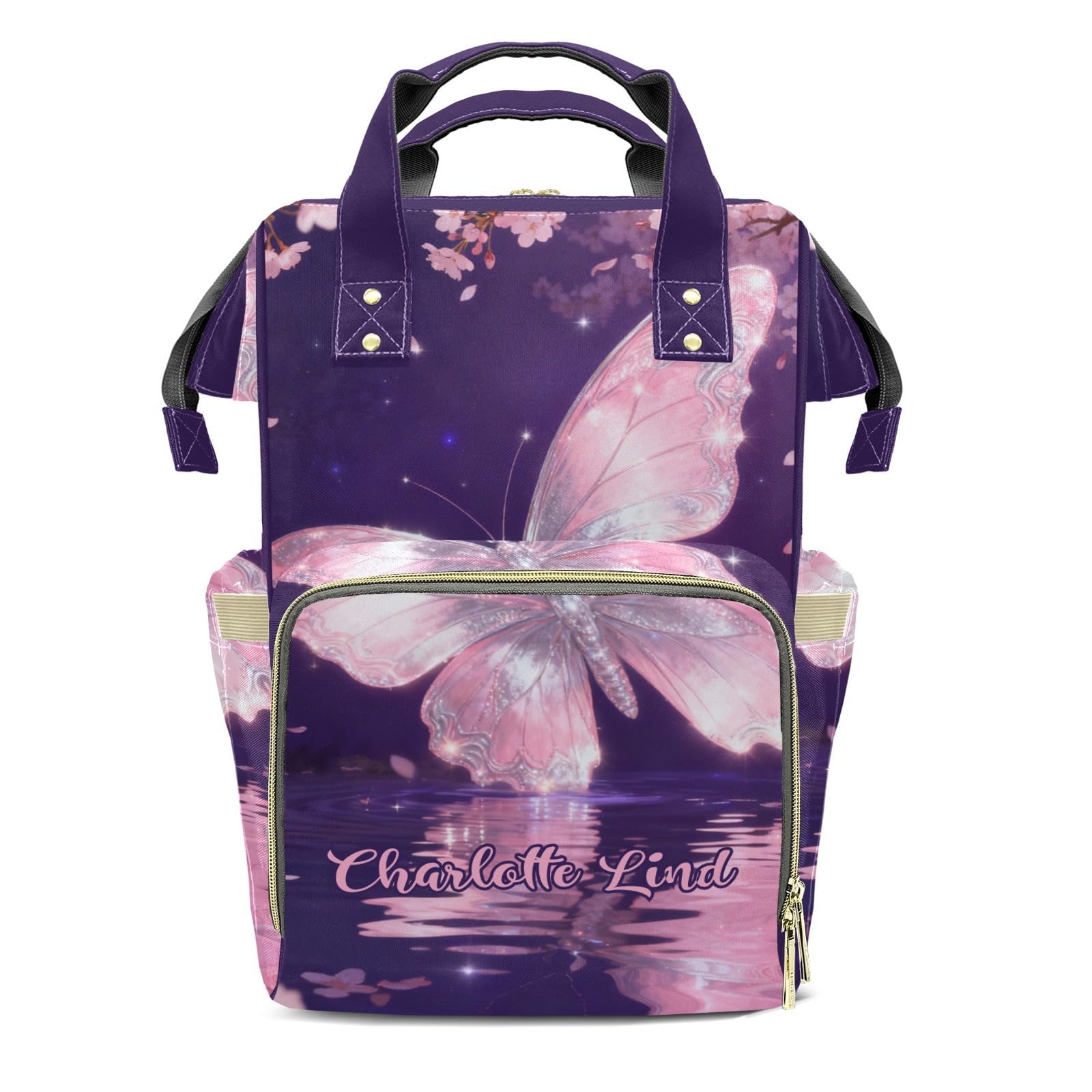 Custom Name Diaper Bag Backpack Gift Watercolor Pink Purple Butterfly Multifunction Travel Backpack Nappy Bag Daypack for Mom Dad Boy Girl