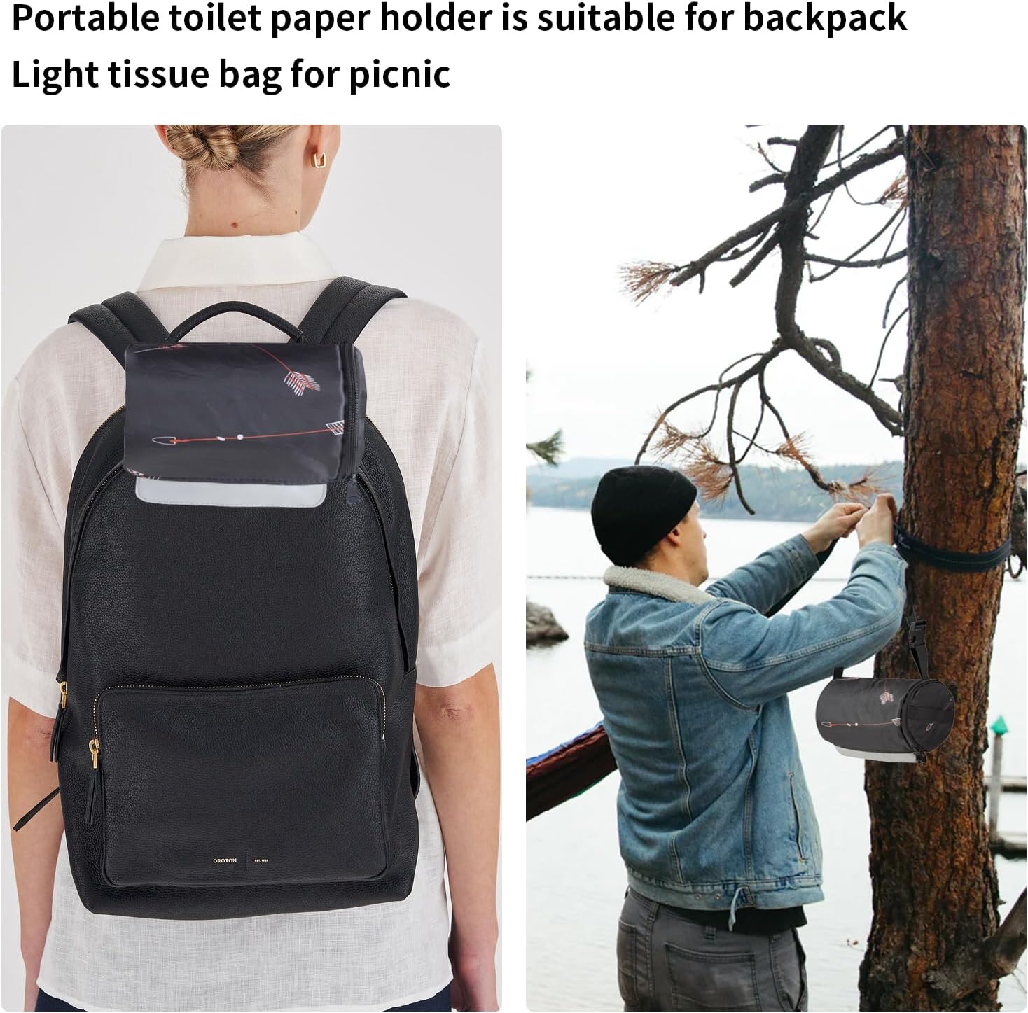 Hanging Camping Toilet Paper Holder Kitchen Waterproof Paper Towel Holder Organizer Bathroom Toilet Paper Protector from Cats Outdoor Travel Portable Roll Paper Storage Bag(Long Black Pattern)