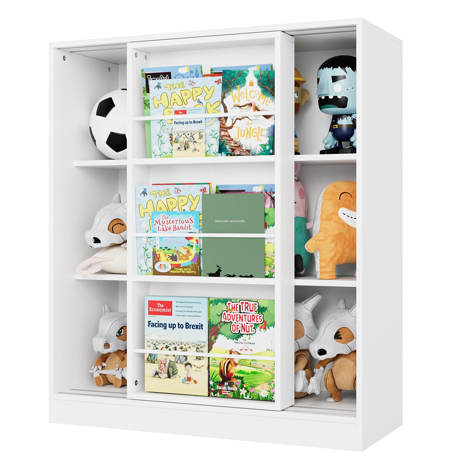 3 Tier BooKcase with Sliding BooK Shelf, Toy Organizer Cabinet Free Stranding Display Storage Shelves Bedroom Living Room Furniture, White