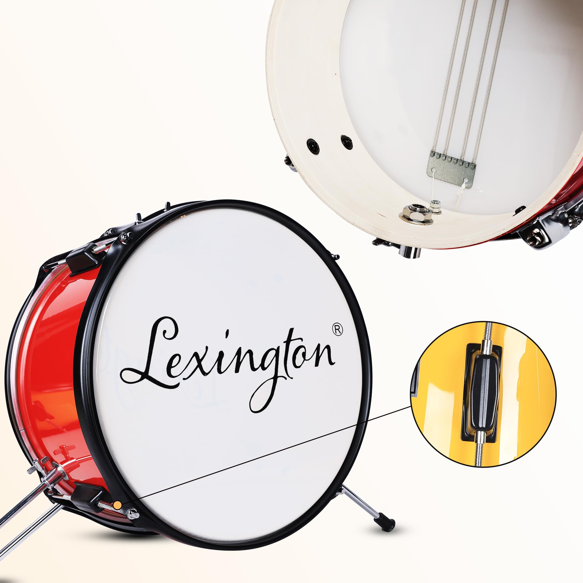 Lexington 3 PC, Schlagzeug Set mit Snare, Tom, Bass Drum, Bass Drum Pedal, Thron, Becken, Drumsticks, Rot, Gelb, Grün