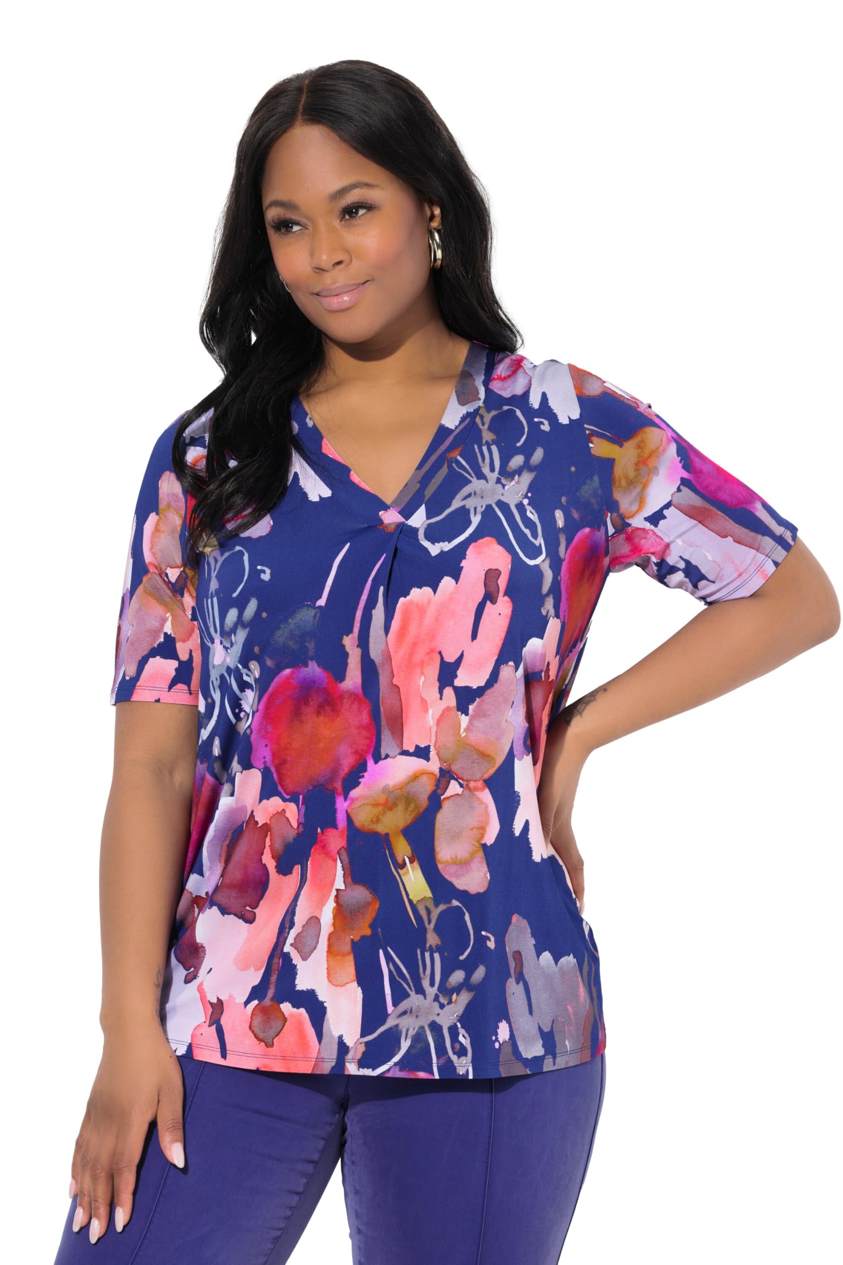 Ulla Popken Damen große Größen Übergrößen Plus Size Slinkyshirt, Blüten, V-Ausschnitt, Zierfalte, Halbarm 839204