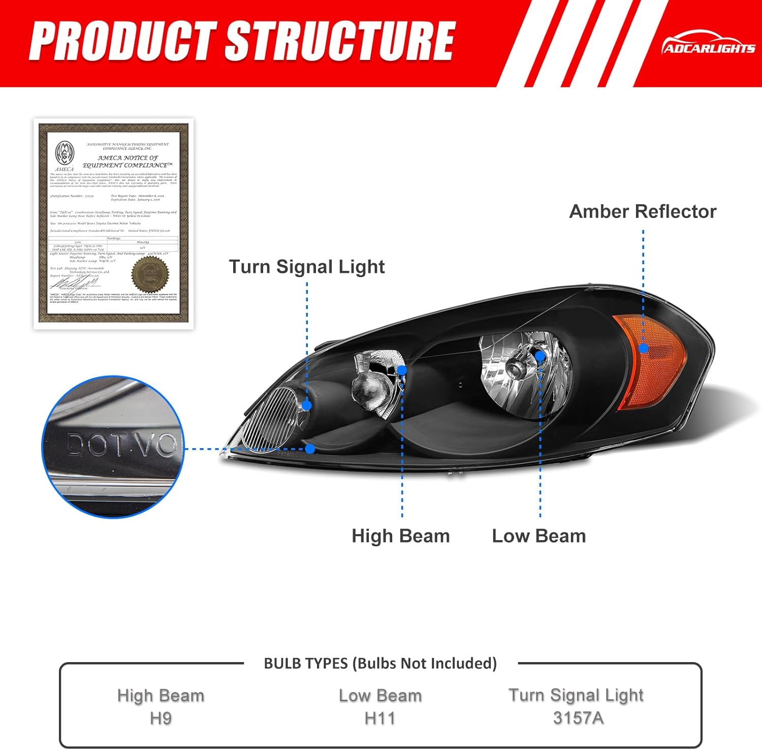 for 2006-2013 Impala Headlight Assembly compatible with 14-15 Chevy Impala Limited / 06-07 Chevy Monte Carlo Clear Lens Black Housing Amber Reflector Headlamp Replacement