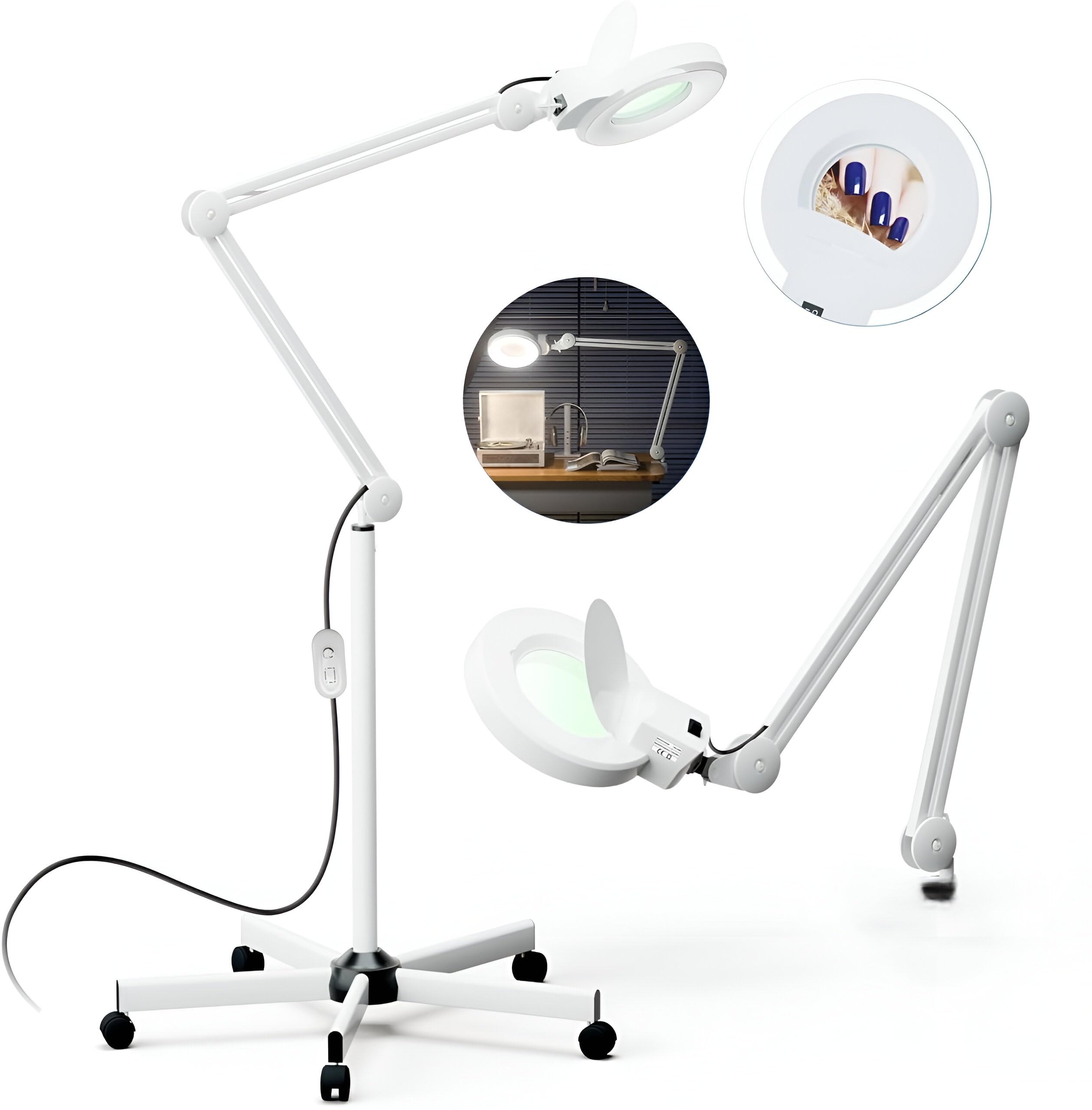 Powerpak MDL-25 5X LED Magnifying Floor lamp with 5 Wheels Rolling Base | 1200 Lumens LED Light with 5" Magnifying Glass, 8-Diopter Lighted Magnifier for Estheticians, Reading,Crafts,Close Work
