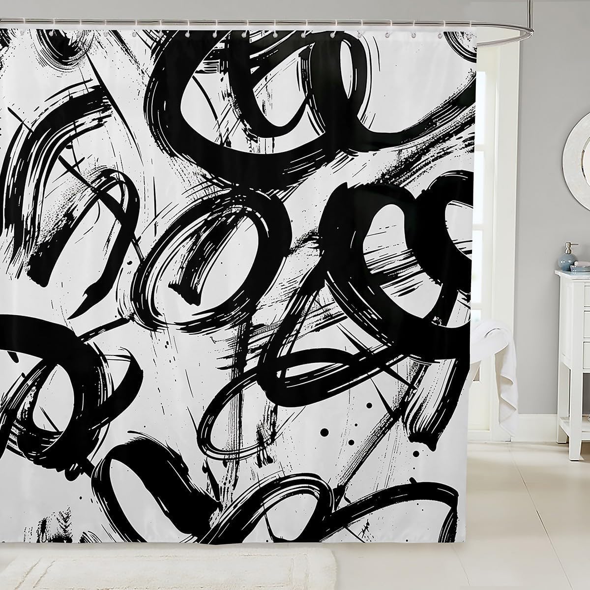 Schwarz Graffiti Duschvorhang 240 x 200 cm (B x H) Moderne Geometrie Duschvorhang Wasserdich Stoff Waschbar, Abstract Badezimmer Dekor für Dusche und Badewanne