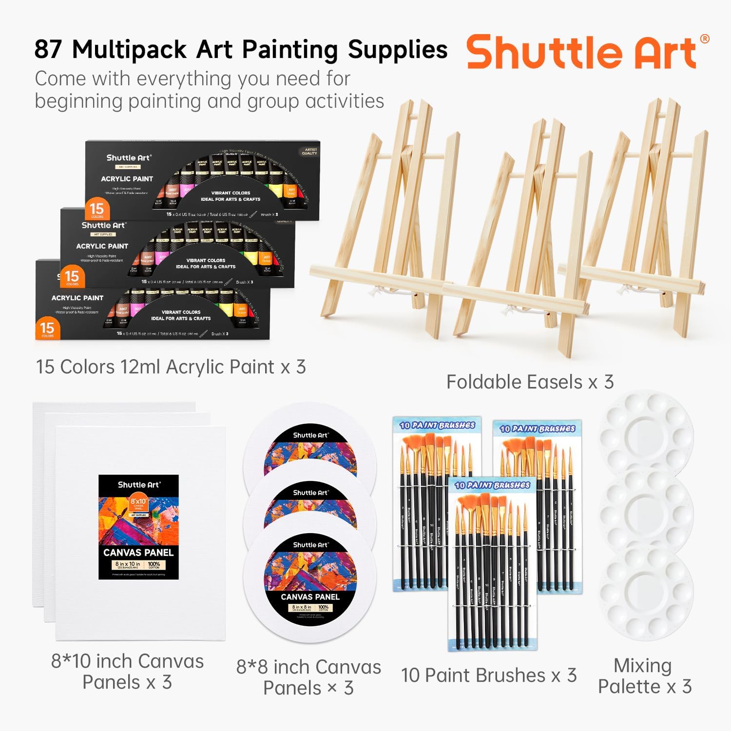 Shuttle Art 87 Pack Acrylic Painting Kit, Paint Kit with 3 Packs 15-Color Acrylic Paint, 3 Wooden Easels, Canvas, Brushes & Palettes, Art Painting Supplies for Adults, Kids & Beginners - Image 3