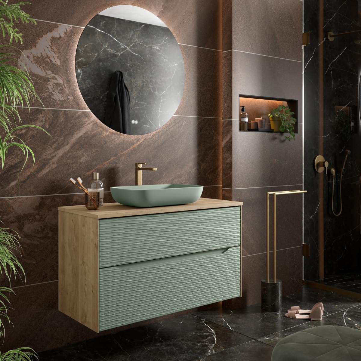 Mueble de Baño Suspendido con Tapa y Lavabo de Sobreponer Sahara | Mueble Baño Volado de 2 cajones con Uñero Cierre Amortiguado Organizador y Lavabo sobre Encimera | Roble Natural - Leaf 80cm