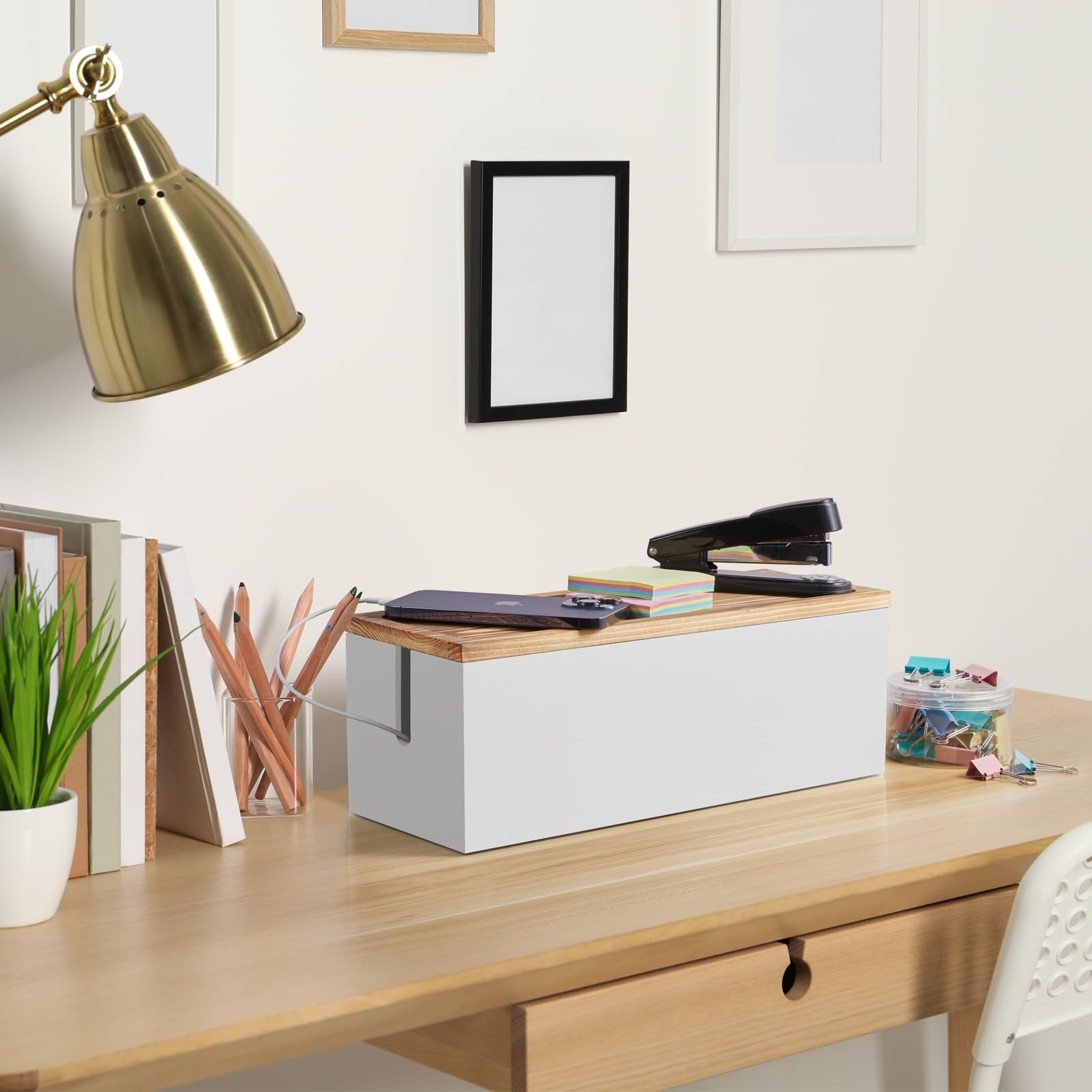 Bivvclaz Grande scatola di gestione cavi, scatola organizer per cavi in legno per sotto scrivania, TV e computer, hub USB per coprire e nascondere prolunghe, fascette per cavi