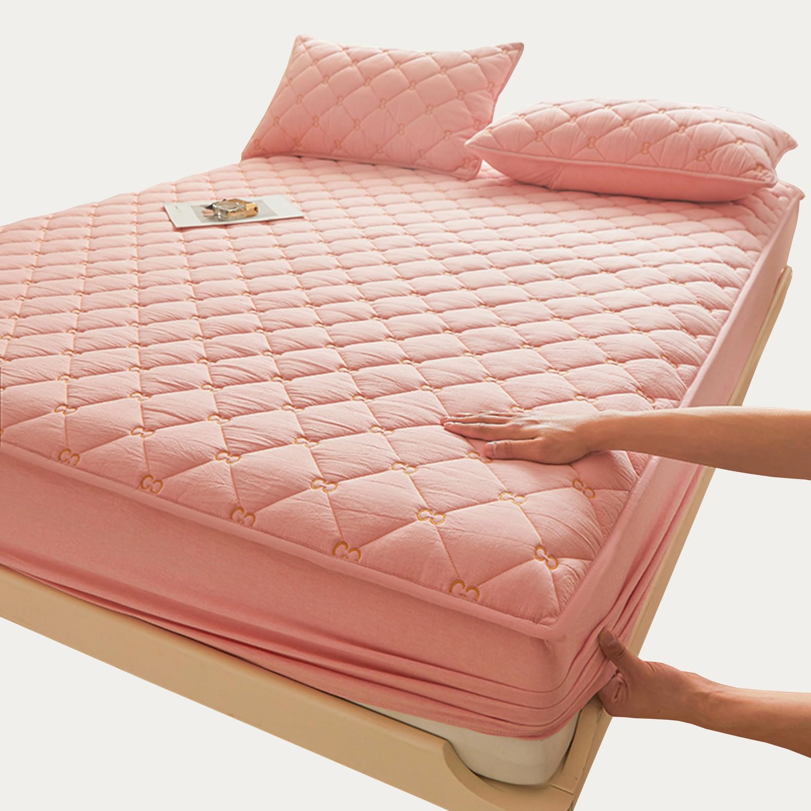 Coprimaterasso Imbottito Matrimoniale/Singolo/Una Piazza E Mezza 70/80/140/160x190 Proteggi Materasso Trapuntato Cotone Ricamo Lenzuolo Fino A 30cm Lavabile Fodera Materasso con Angoli (70x190cm,Pink)