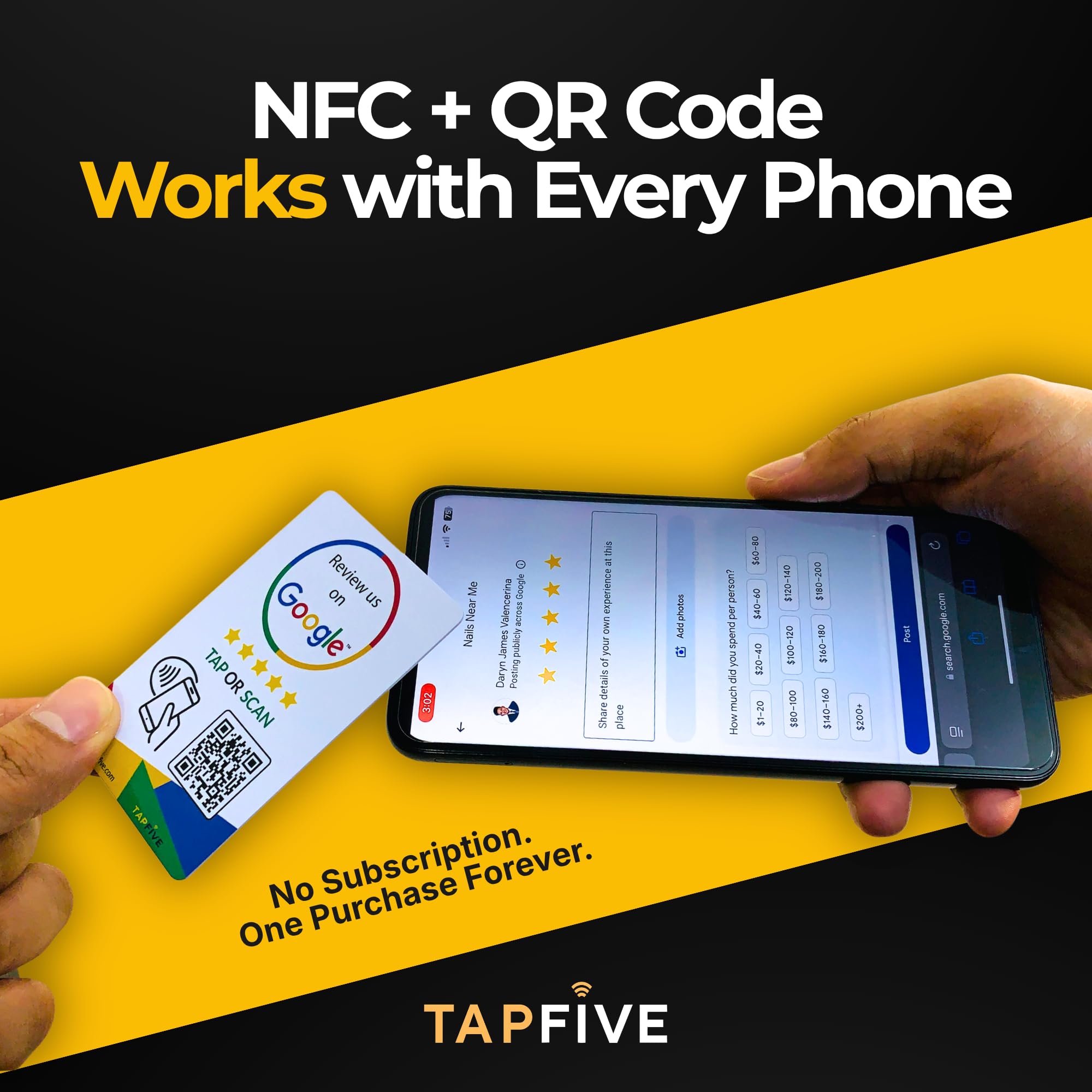 FiveStars Google Review Tap Card | Escanea el código QR o pulsa para obtener reseñas instantáneas de Google | Reutilizable e ilimitado | Alimentado por tapSnap (paquete de 1)