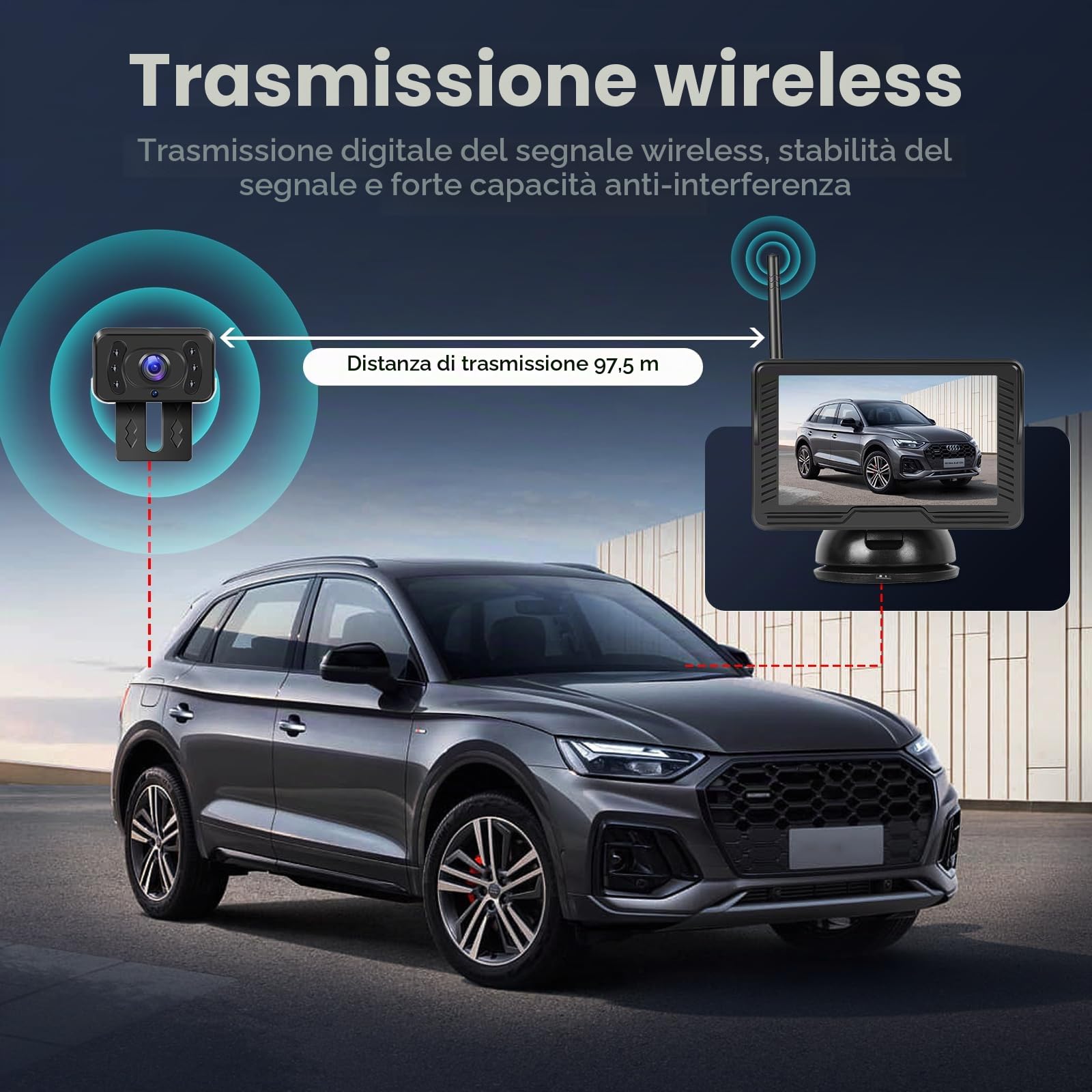 Kit Telecamera Retromarcia Senza Fili con 4,3'' IPS Monitor, Telecamera di Backup Impermeabile IP69 Segnali Digitali Stabili,Visione Notturna con Grandangolare, Telecamera per Auto/RV/Camper