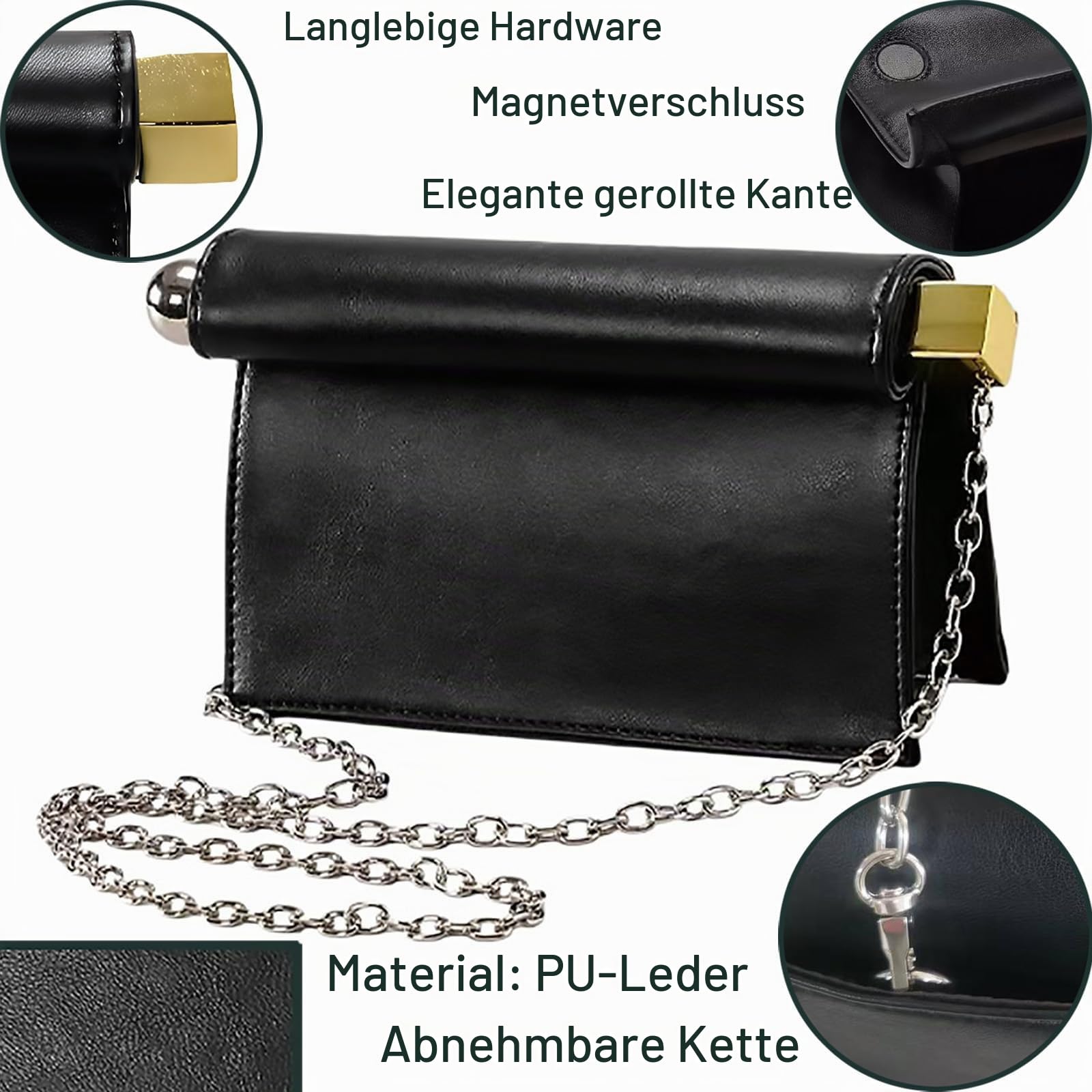 Hecatombic Abendtasche Aus PU-Leder Mit Abnehmbarer Kette Für Damen | Vintage-Umhängetasche Mit Metallkettenriemen – Modische Handtasche