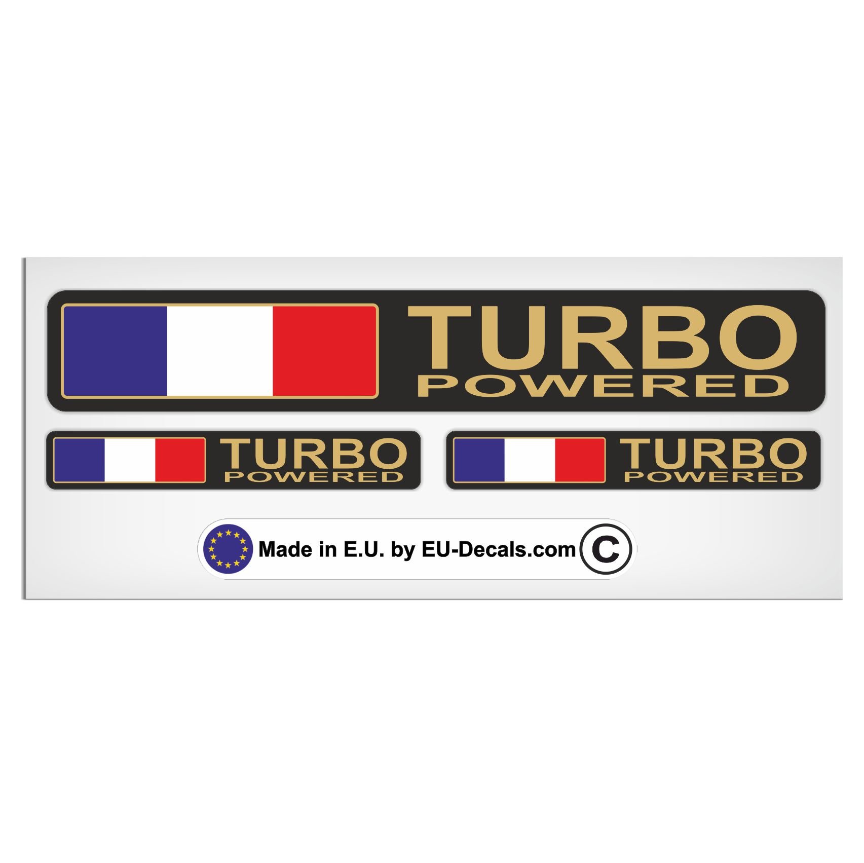 Set of 3 Turbo Powered & France Flag with Gold Letters Laminated Decal Sticker