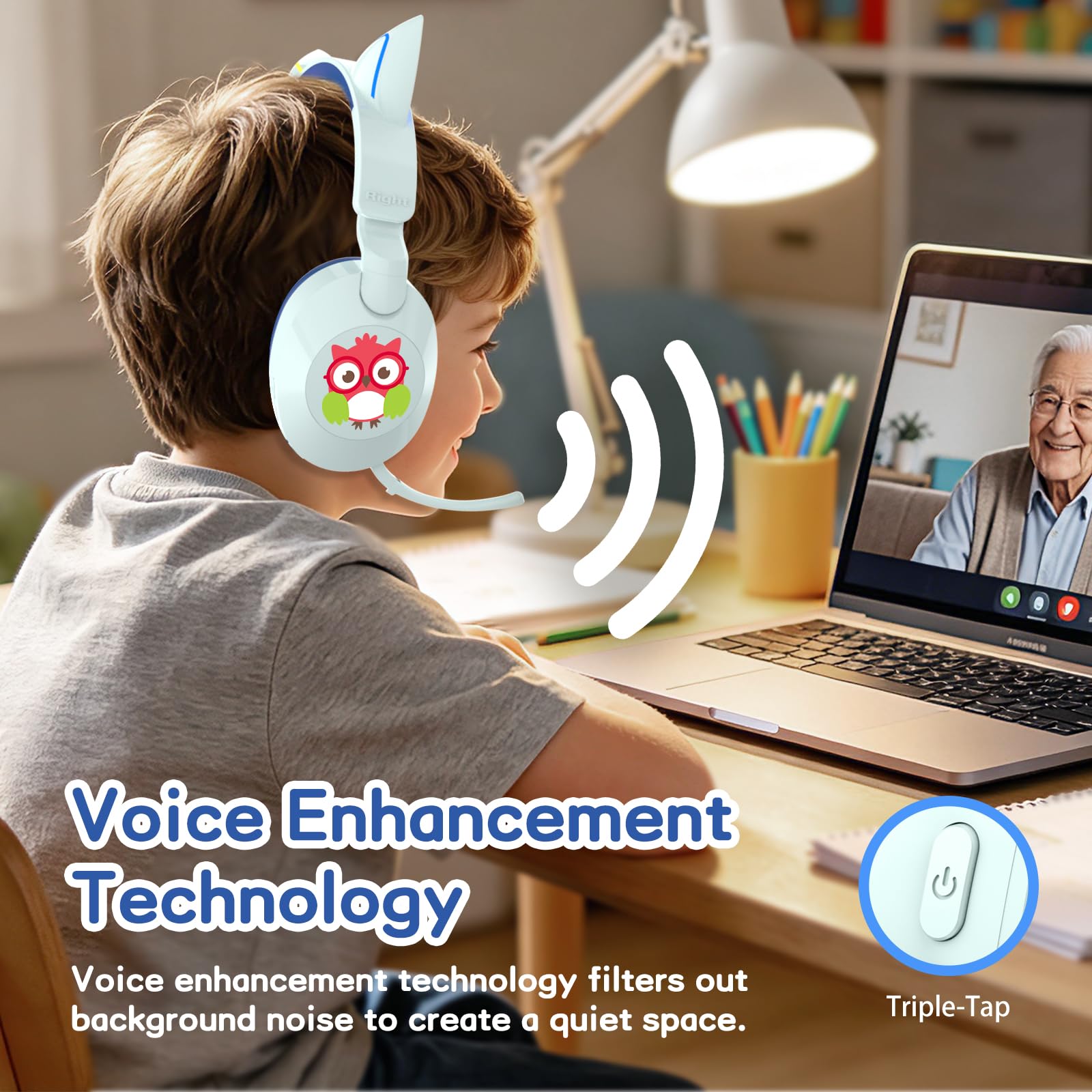 Casque Bluetooth pour Enfants, Casque Circum-aural sans Fil avec Micro, 50 h d'autonomie, lumières LED colorées, câble AUX, Volume limité à 94 DB, Design Pliable, idéal pour Les Voyages