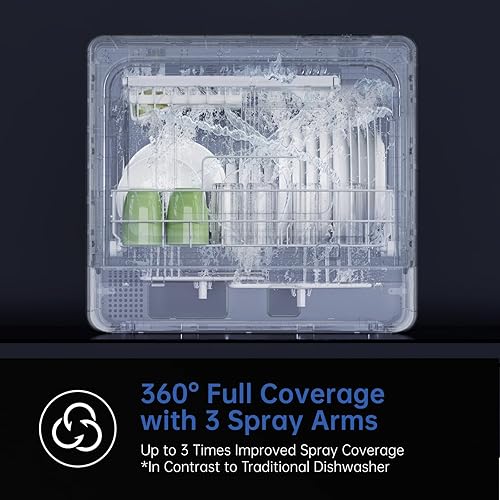 Miniatura 4 de AIRMSEN Lavavajillas completo de 2 niveles, lavavajillas portátiles con tanque de agua integrado de 5 L, 3 brazos de pulverización y arranque de