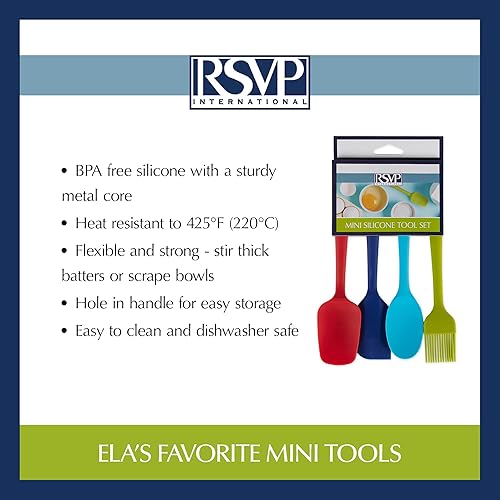 Miniatura 7 de RSVP International Ela Collection - Juego de 4 piezas de acero recubierto de silicona, cuchara, espátula y cepillo, varios colores