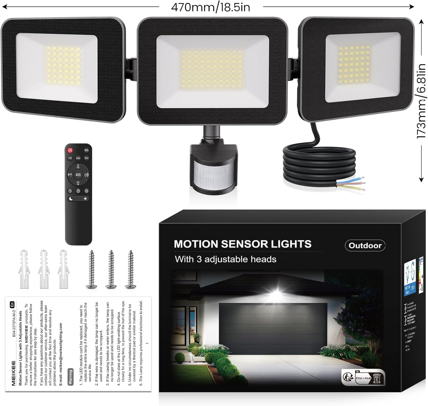 MEIKEE 100W Reflektor LED z czujnikiem ruchu Pilot zdalnego sterowania 9600LM 6500K Światło dzienne białe Reflektory PIR do użytku na zewnątrz 4 tryby pracy Sterowanie czasowe IP66 wodoodporny Regulac