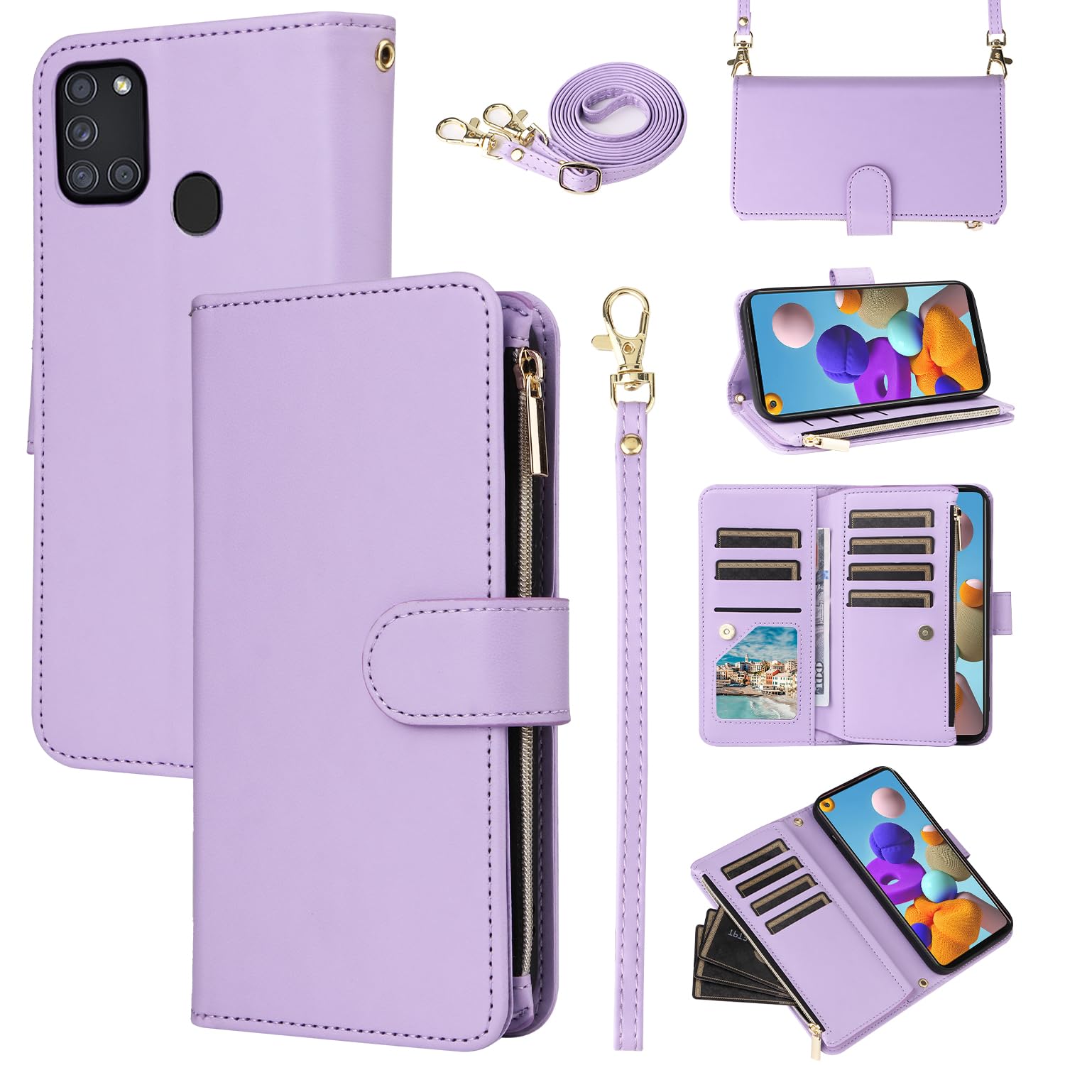 Wallet Case for Samsung Galaxy A21S Wallet Cover with Wrist Strap Crossbody Shoulder Strap Leather Zipper Flip Purse Card Holder Slots Protector Stand Accessories Phone Cover A 21S Girls Purple