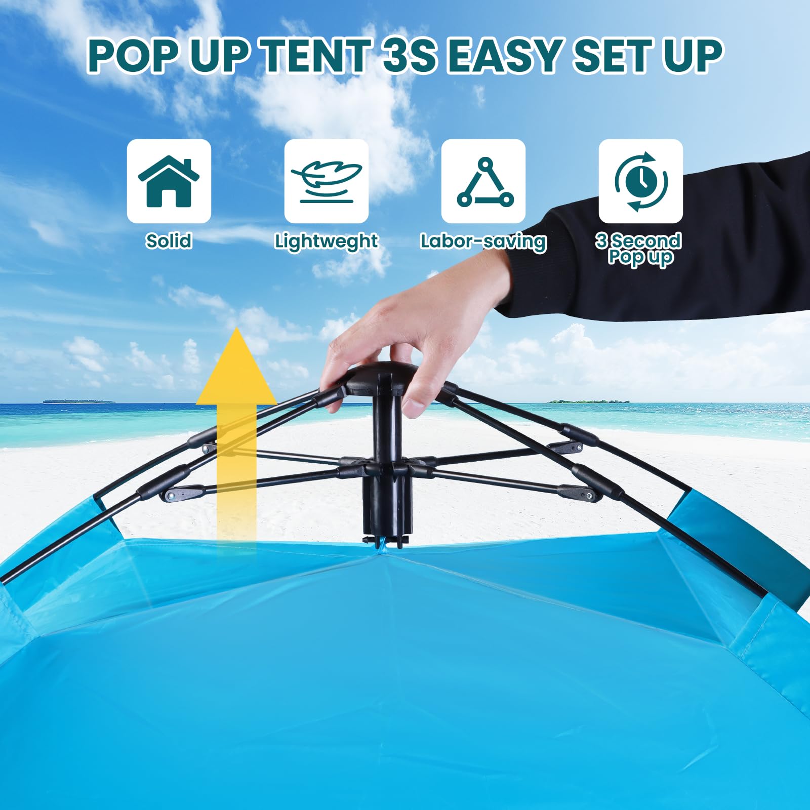 WARMTUYO Tente de Plage Pop Up Instantanée, Installation en 3 Secondes pour Famille de 3 à 4 Personnes, Protection UV 50+, Abri Solaire Coupe-Vent et Résistant, Plage, Jardin et Camping - Bleu