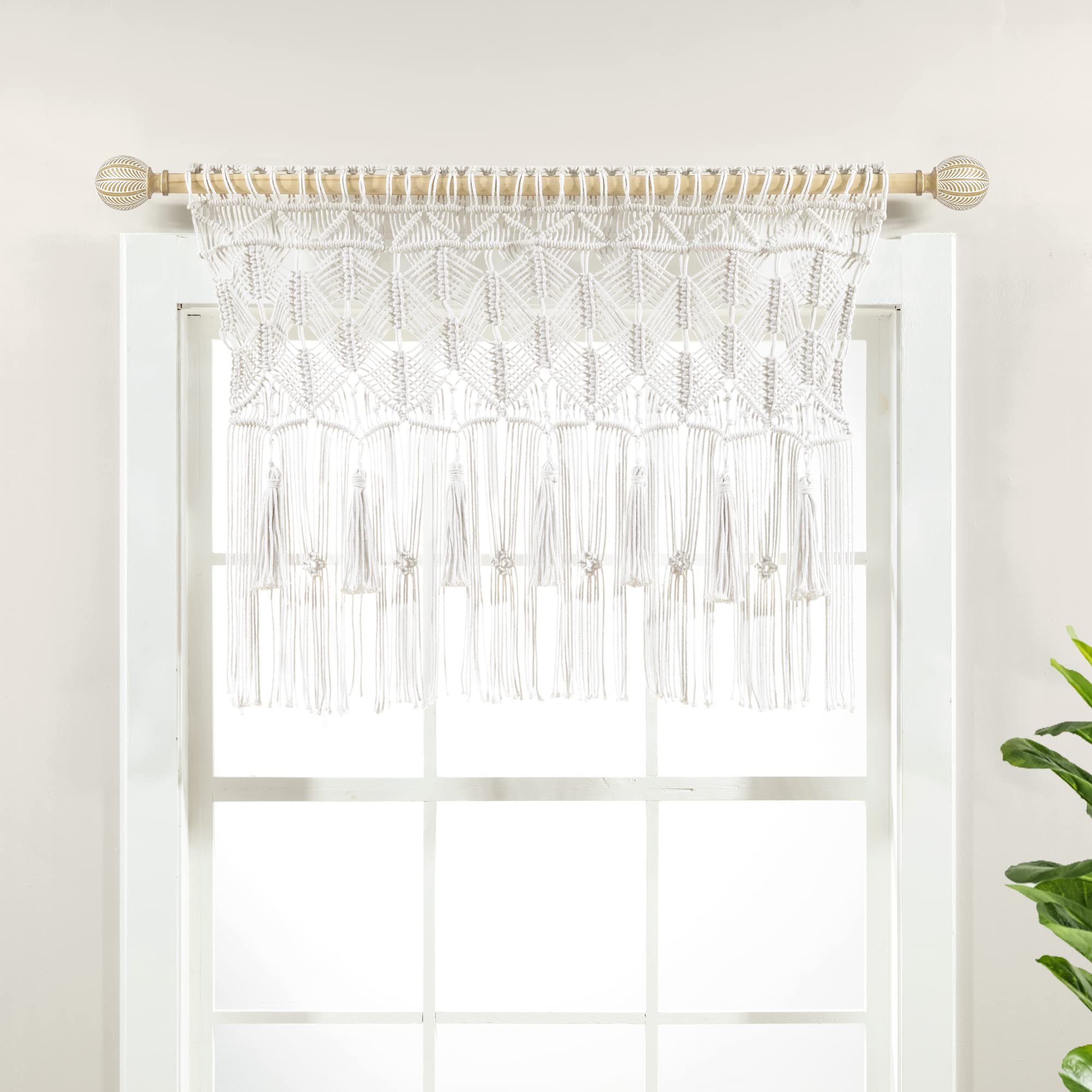 Lush Decor Boho makramowy frędzle bawełniana zasłona/zasłona kuchenna/dekoracja ścienna, 76 cm dł. x 102 cm szer., biała