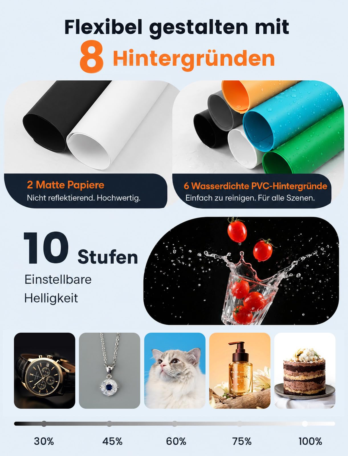DUCLUS Fotobox 40x40 cm Faltbare Fotostudio, 5500K Dimmbare Lichtzelt Set mit 160 LED Beleuchtung und 8 Produktfotografie Hintergründe